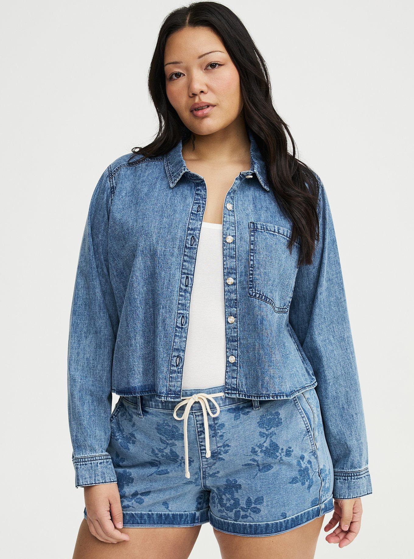 Cropped Denim Shirt, LIGHT WASH, hi-res