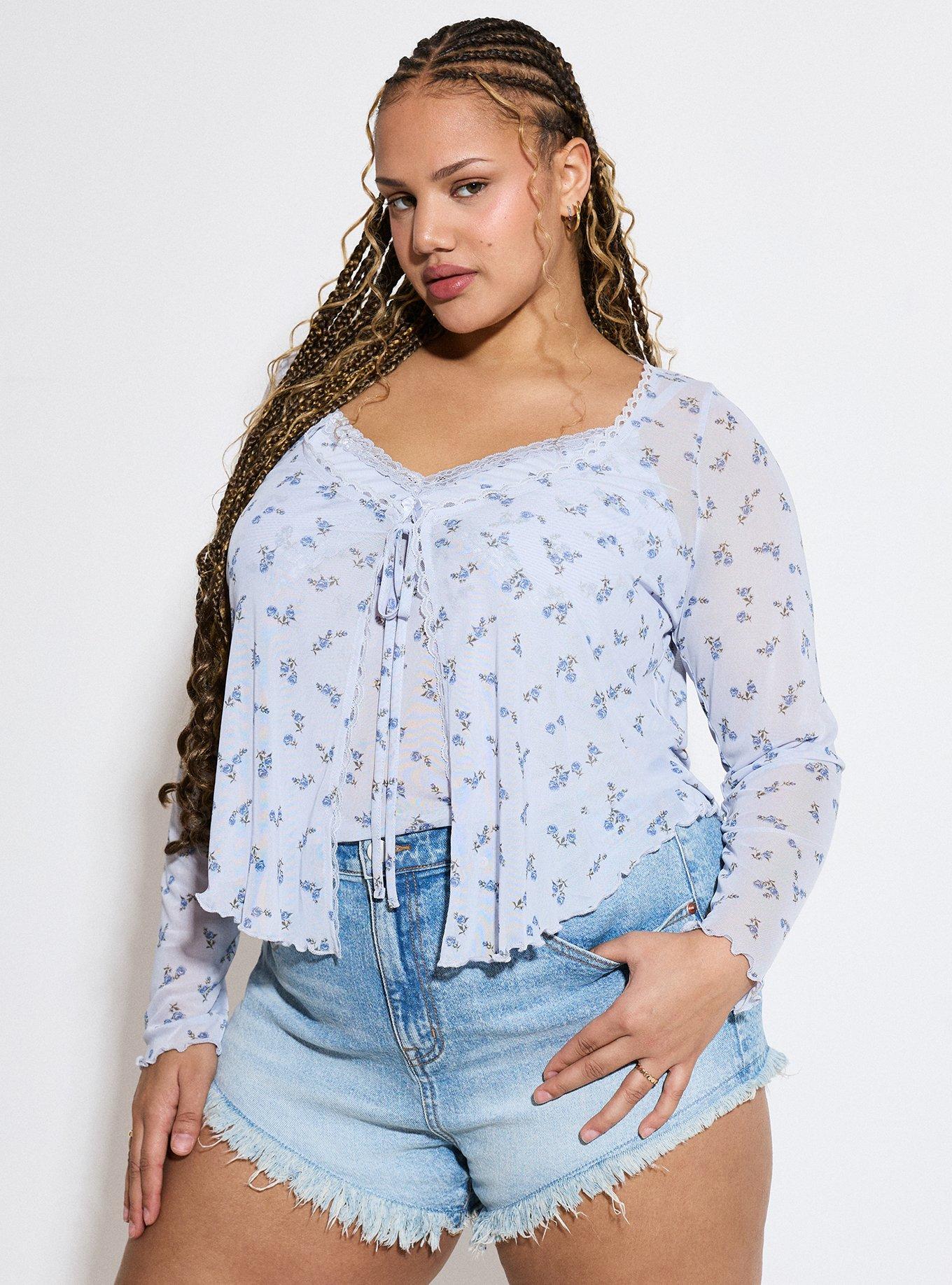 LoveSick Mesh Flyaway Top, ROSA SPRIGS FLORAL BLUE, hi-res