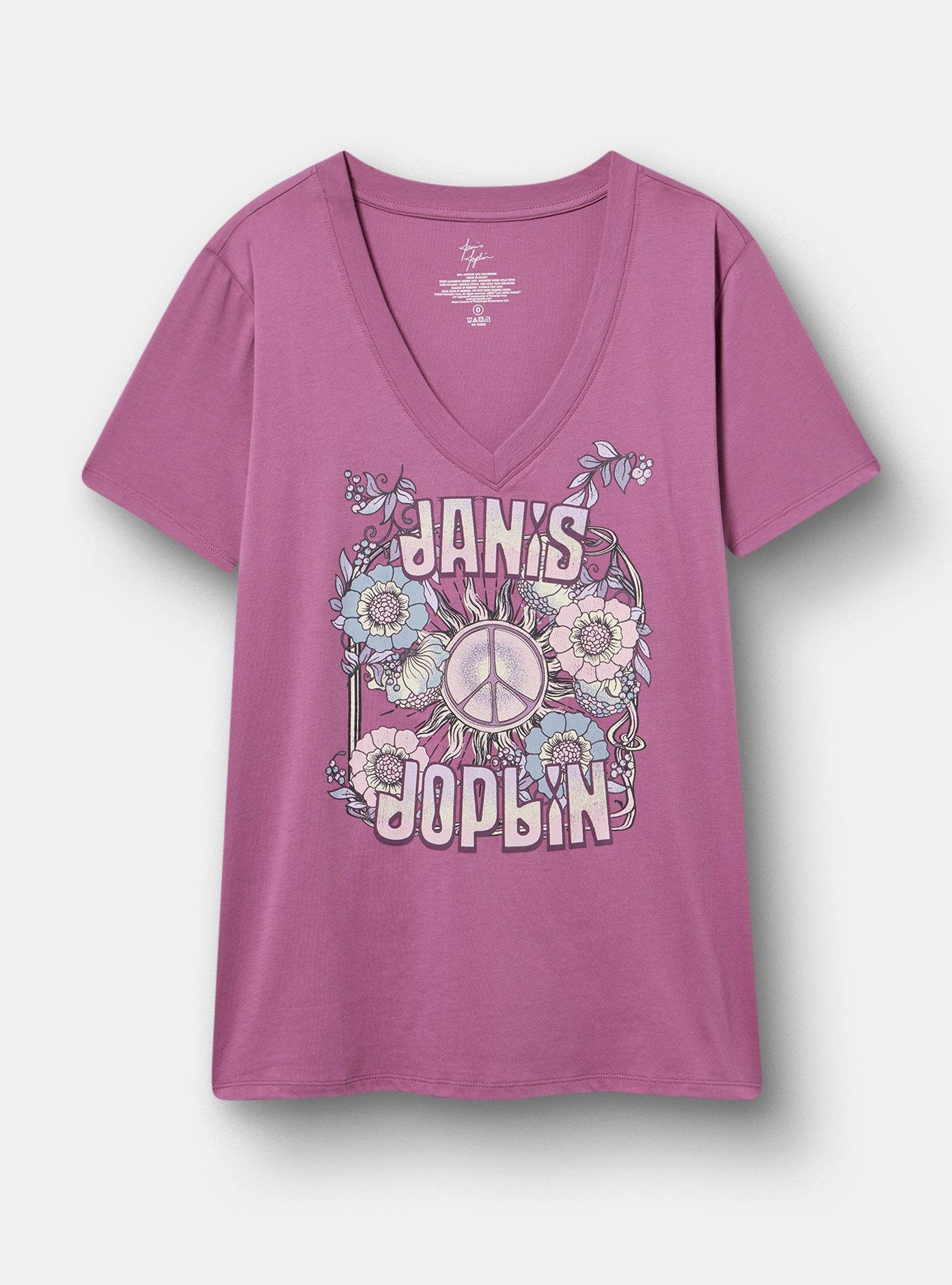 Janis Joplin Classic Cotton V-Neck Tee, JANIS POPLIN FLORAL ARGYLE PURPLE, hi-res