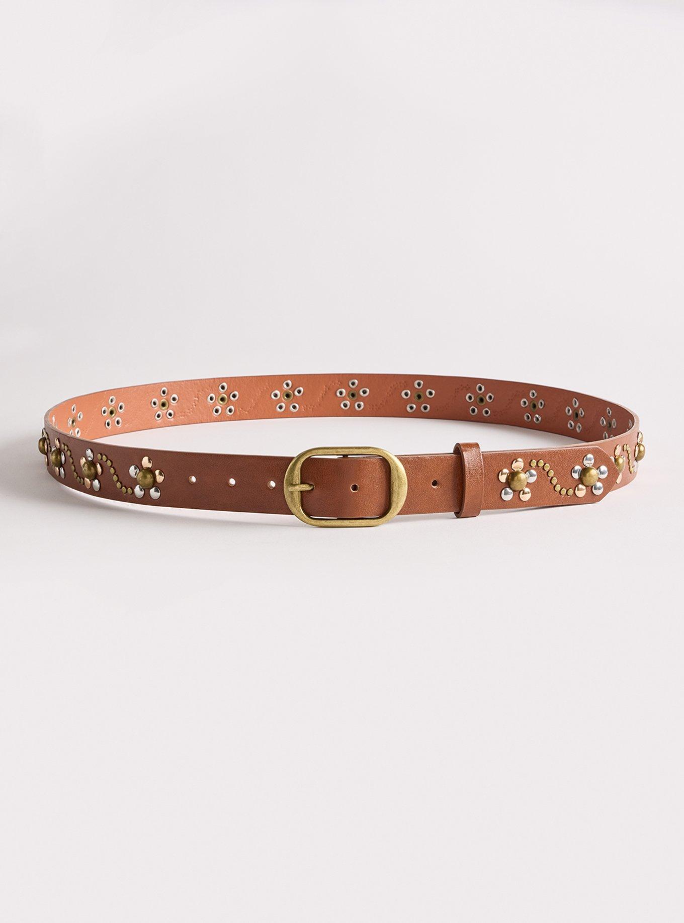 Floral Studded Denim Belt, BROWN, alternate