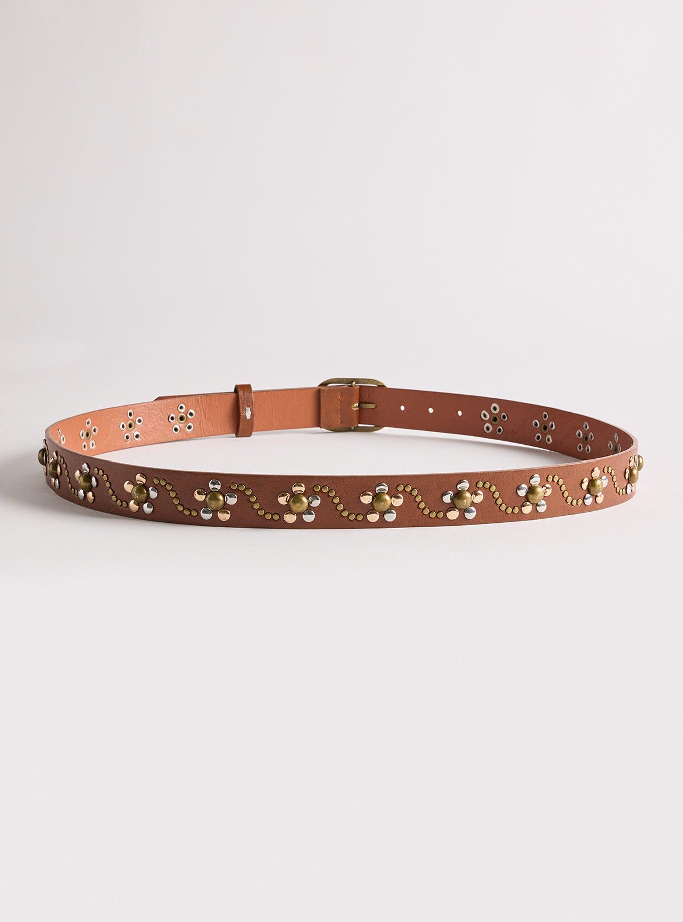Floral Studded Denim Belt, BROWN, alternate
