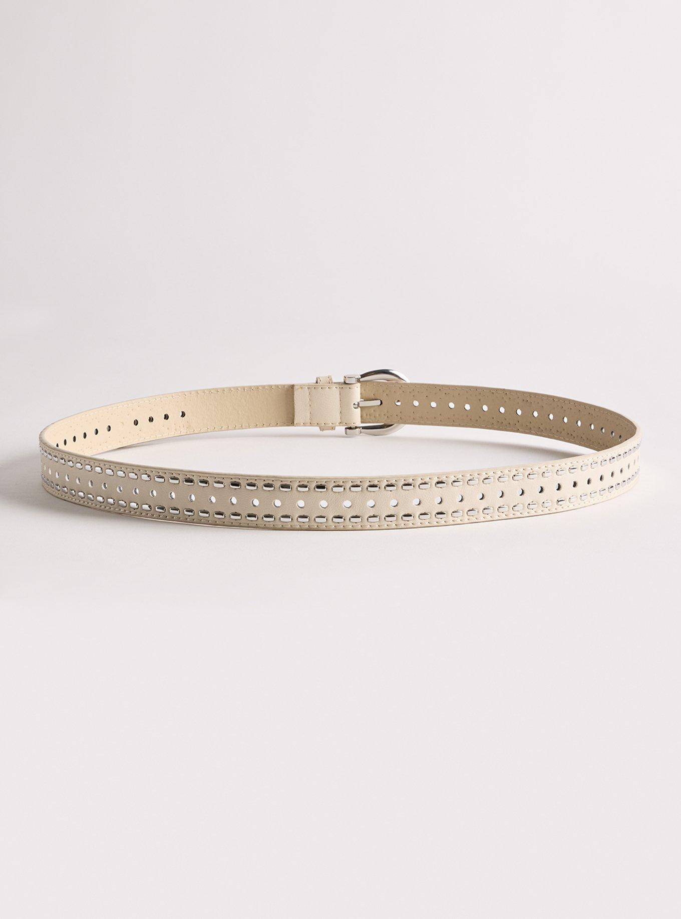 Studded Perforated Faux Leather Belt, CREAM, alternate