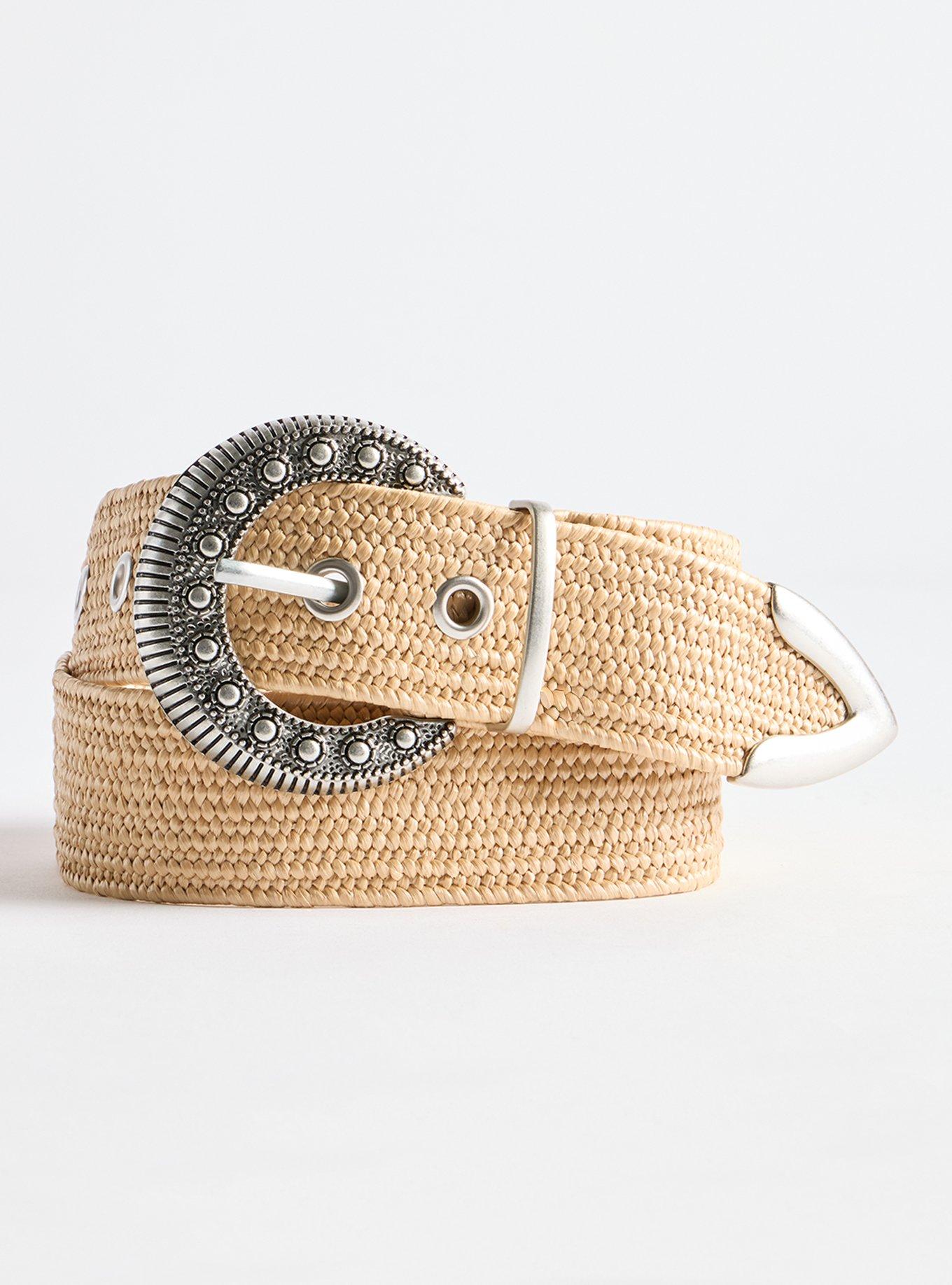 Antique Buckle Stretch Raffia Belt, NATURAL, hi-res