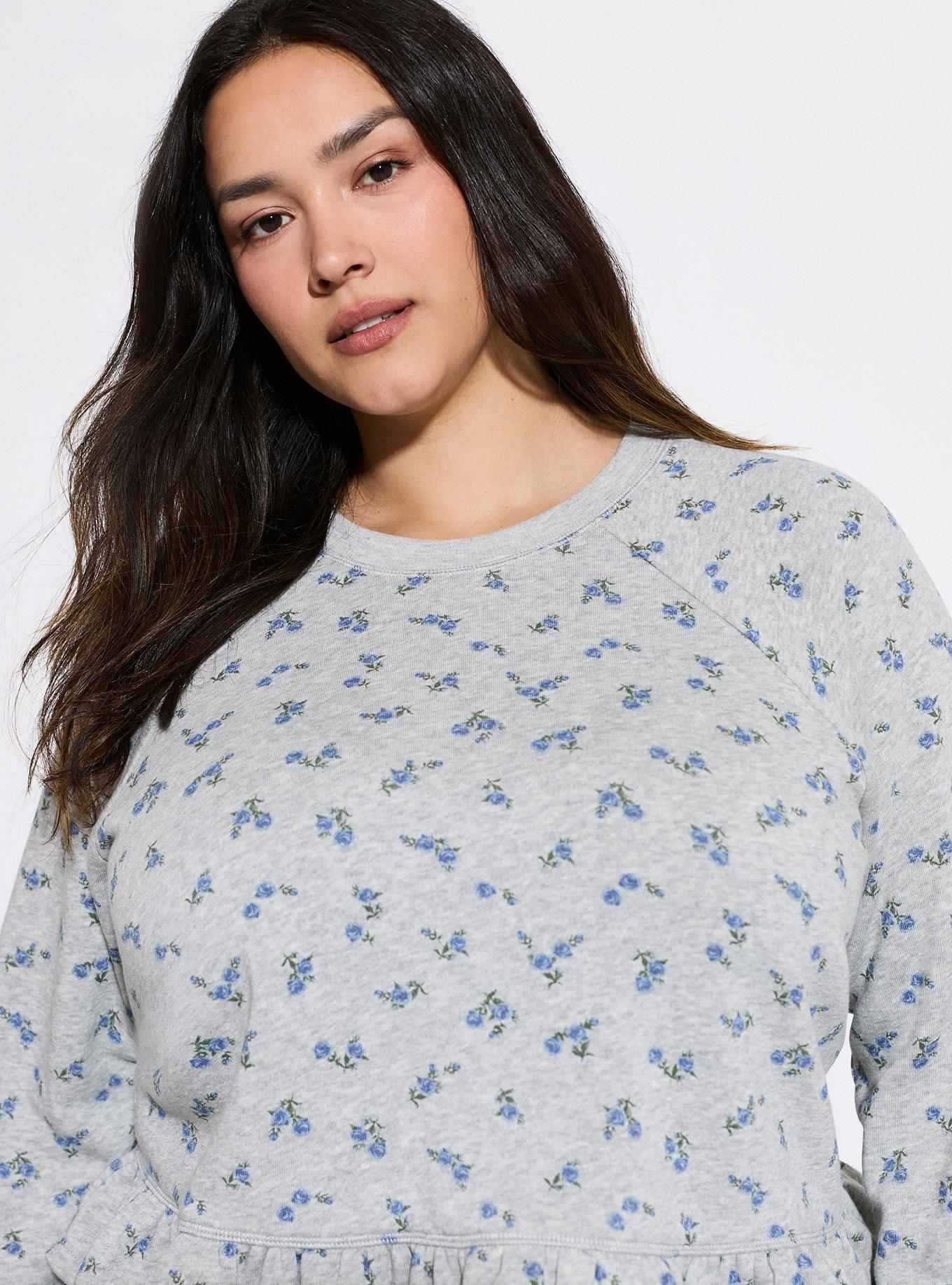 LOVESICK RUFFLE HEM CROP PULLOVER, ROSA SPRIGS FLORAL GREY, alternate