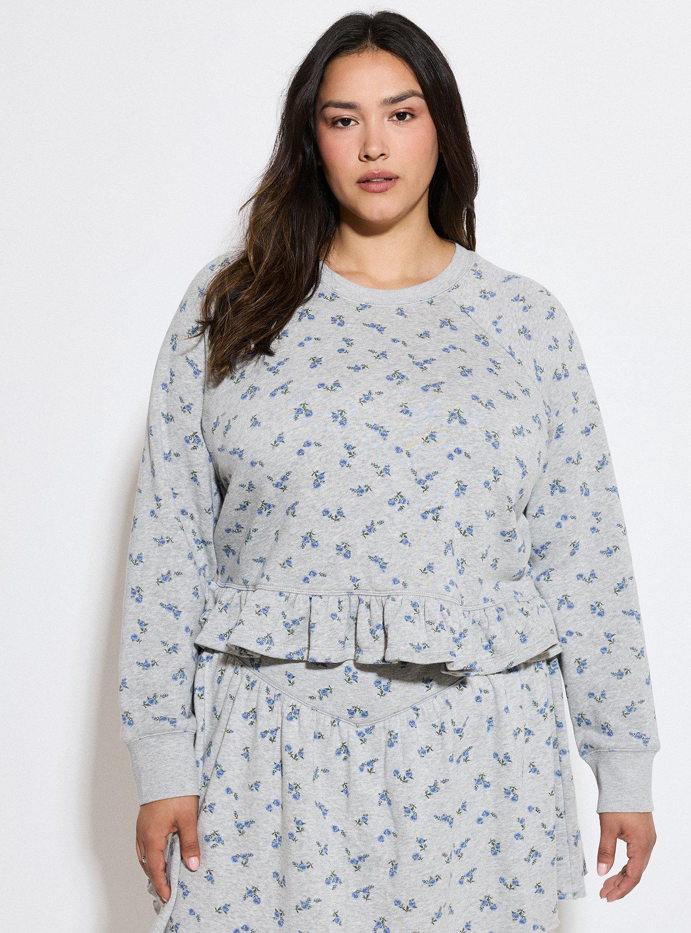 LOVESICK RUFFLE HEM CROP PULLOVER, ROSA SPRIGS FLORAL GREY, hi-res