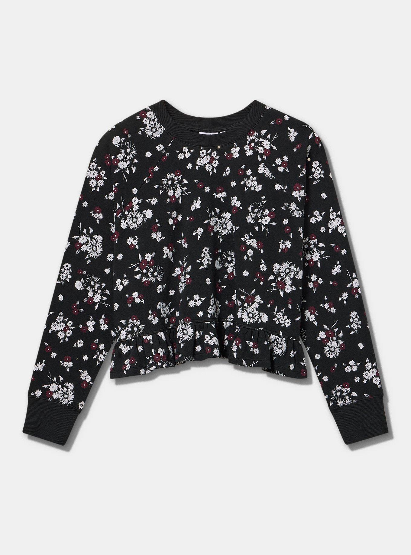 LoveSick Ruffle Hem Crop Pullover, NETTIE FLORAL BLACK, flat