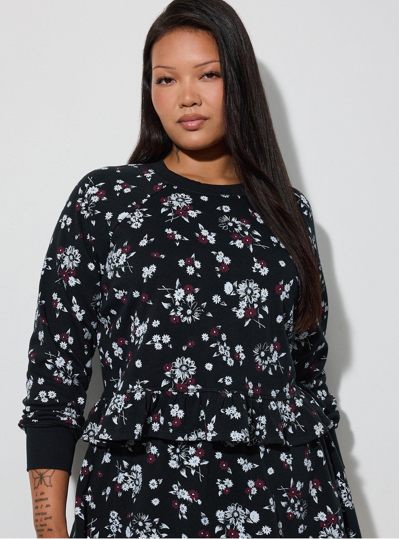 LoveSick Ruffle Hem Crop Pullover, NETTIE FLORAL BLACK, hi-res