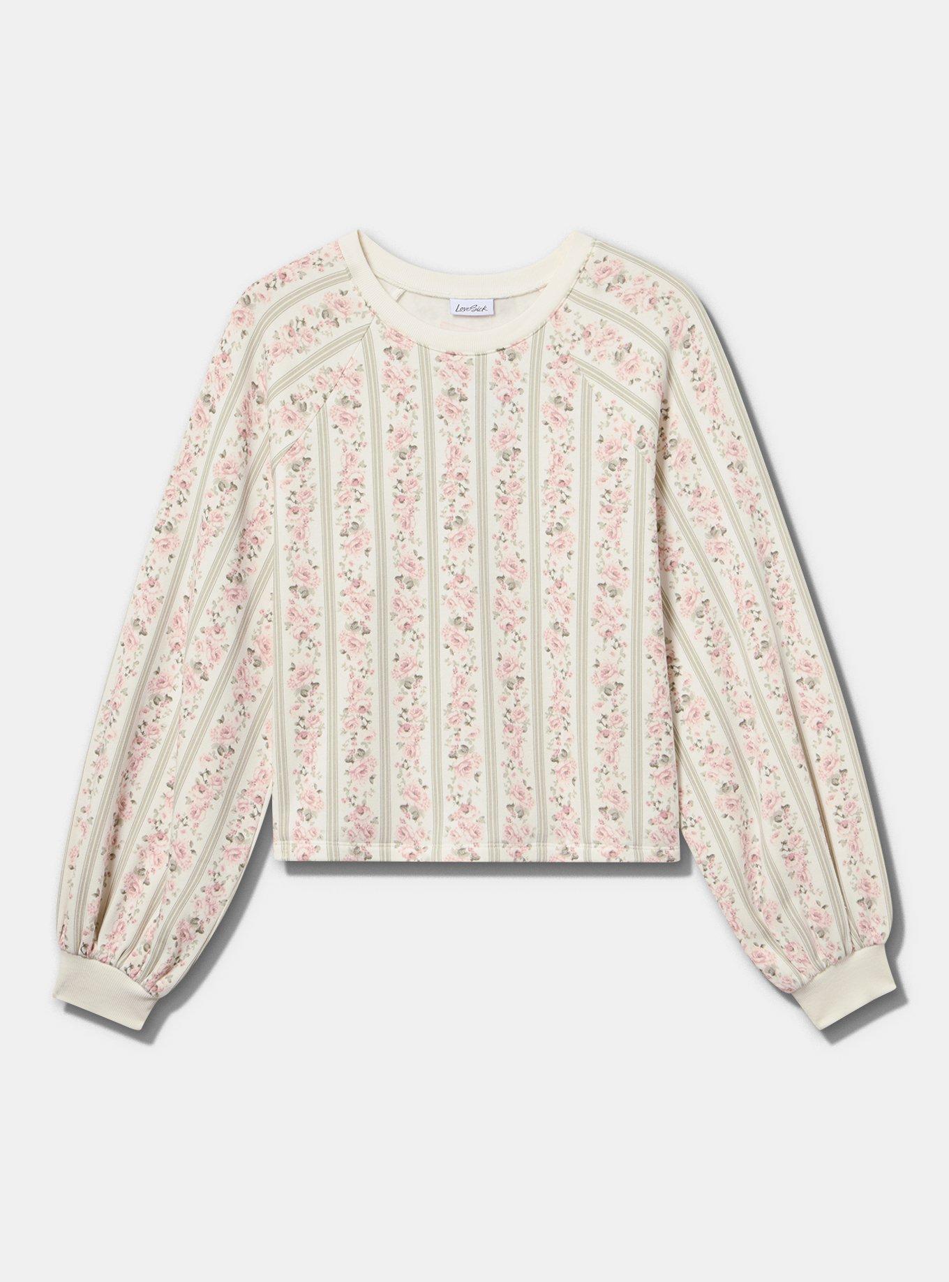 LoveSick Oversized Raglan Crew Sweatshirt, KNIGHTLY ROSE STRIPE WHITE, flat