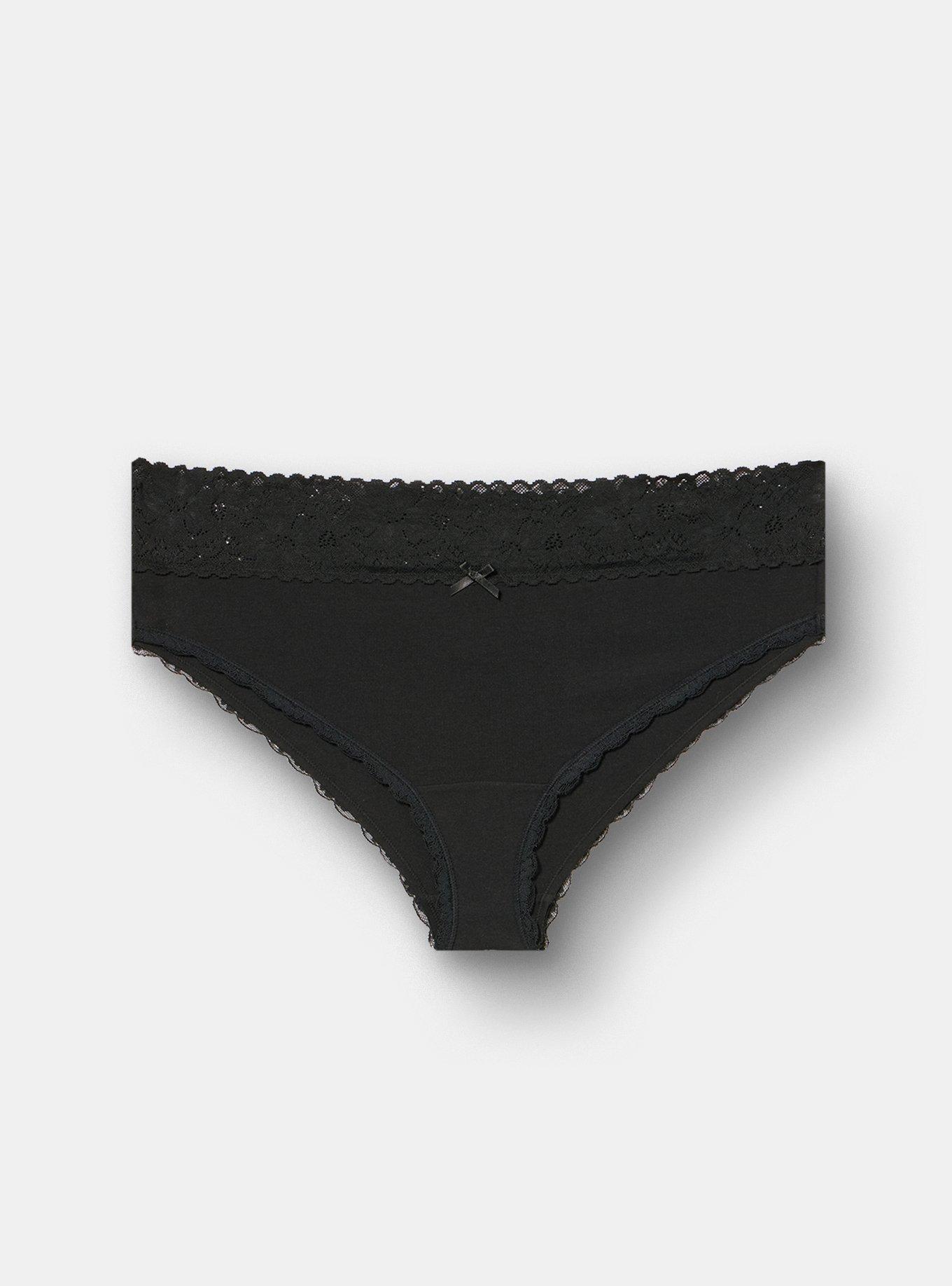 Cotton Mid-Rice Lace Trim Cheeky Panty, RICH BLACK, flat