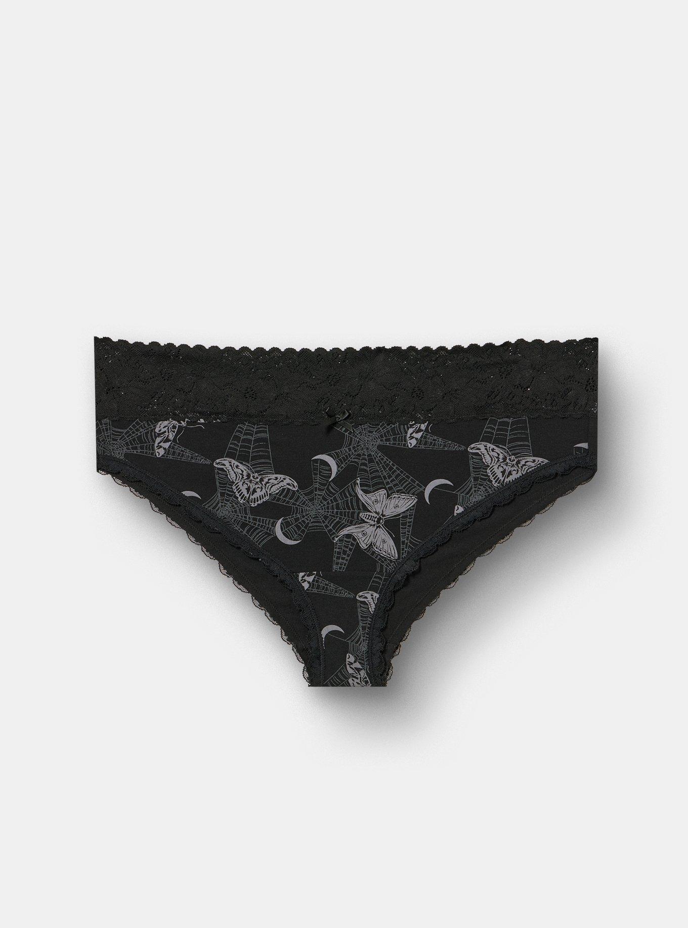 Plus Size Cotton Mid-Rise Lace Trim Cheeky Panty, MIDNIGHT MOTHS BLACK, hi-res