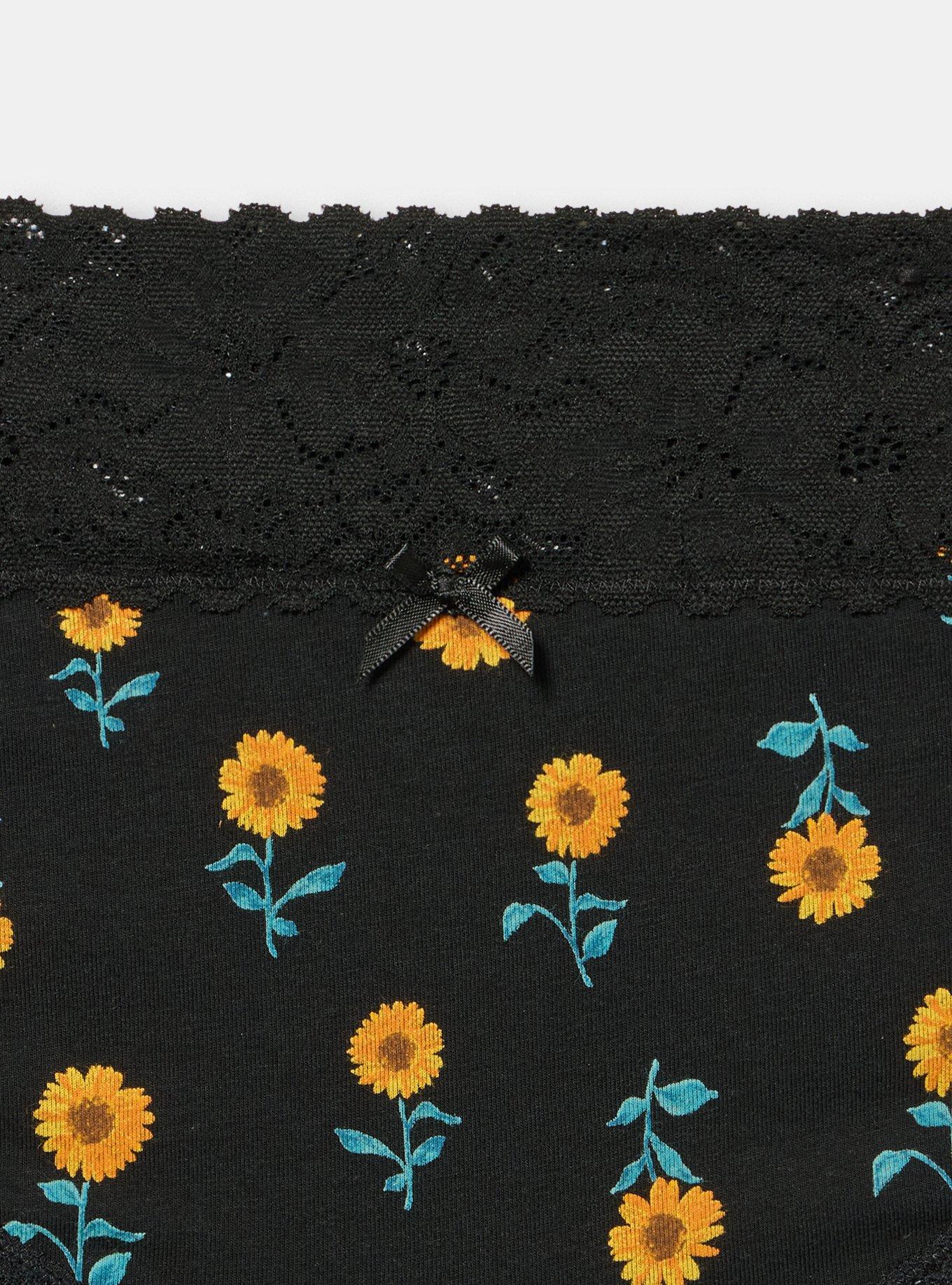 Plus Size Cotton Mid-Rise Lace Trim Cheeky Panty, STEM SUNFLOWERS FLORAL BLACK, alternate