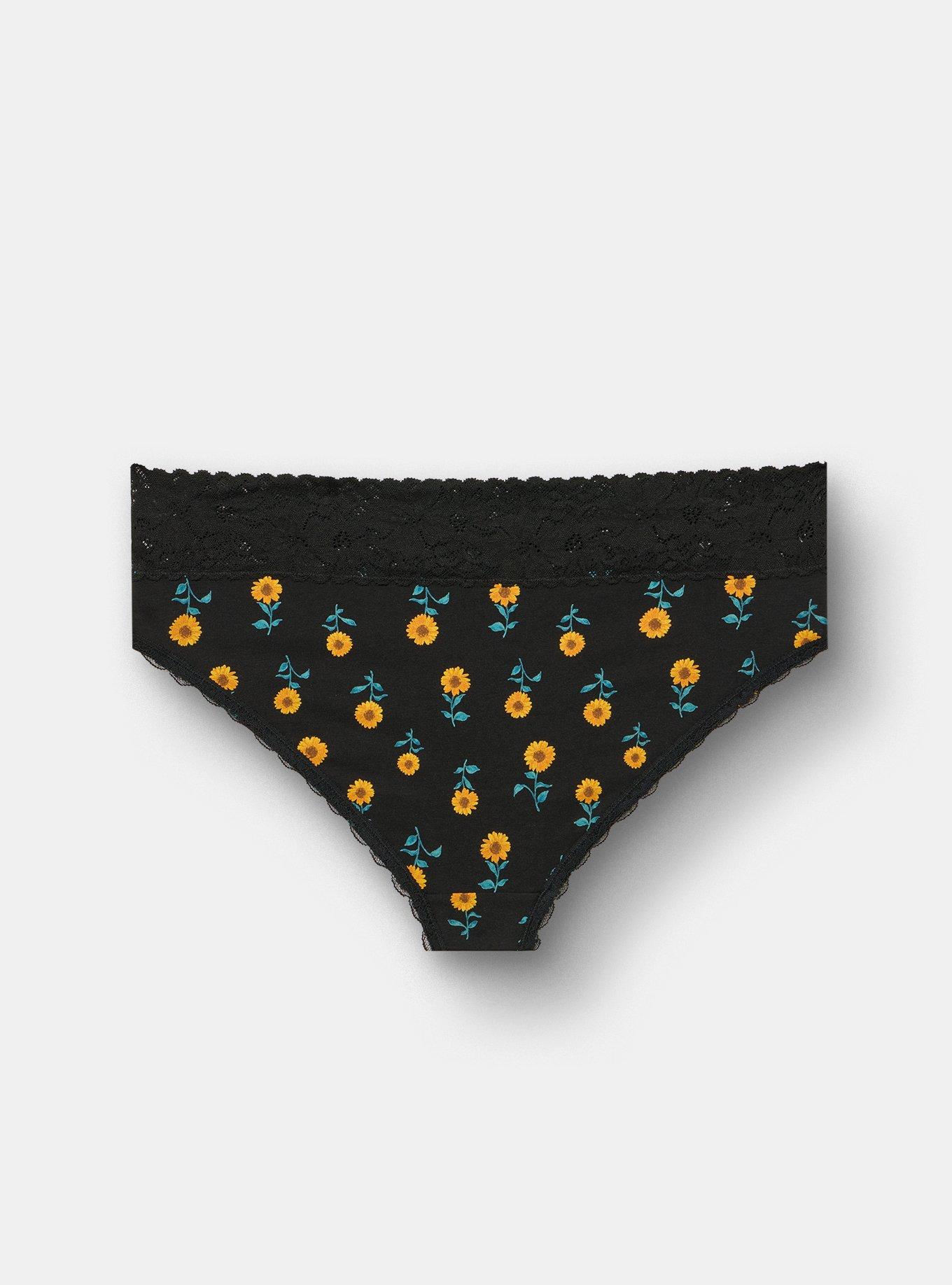 Plus Size Cotton Mid-Rise Lace Trim Cheeky Panty, STEM SUNFLOWERS FLORAL BLACK, alternate