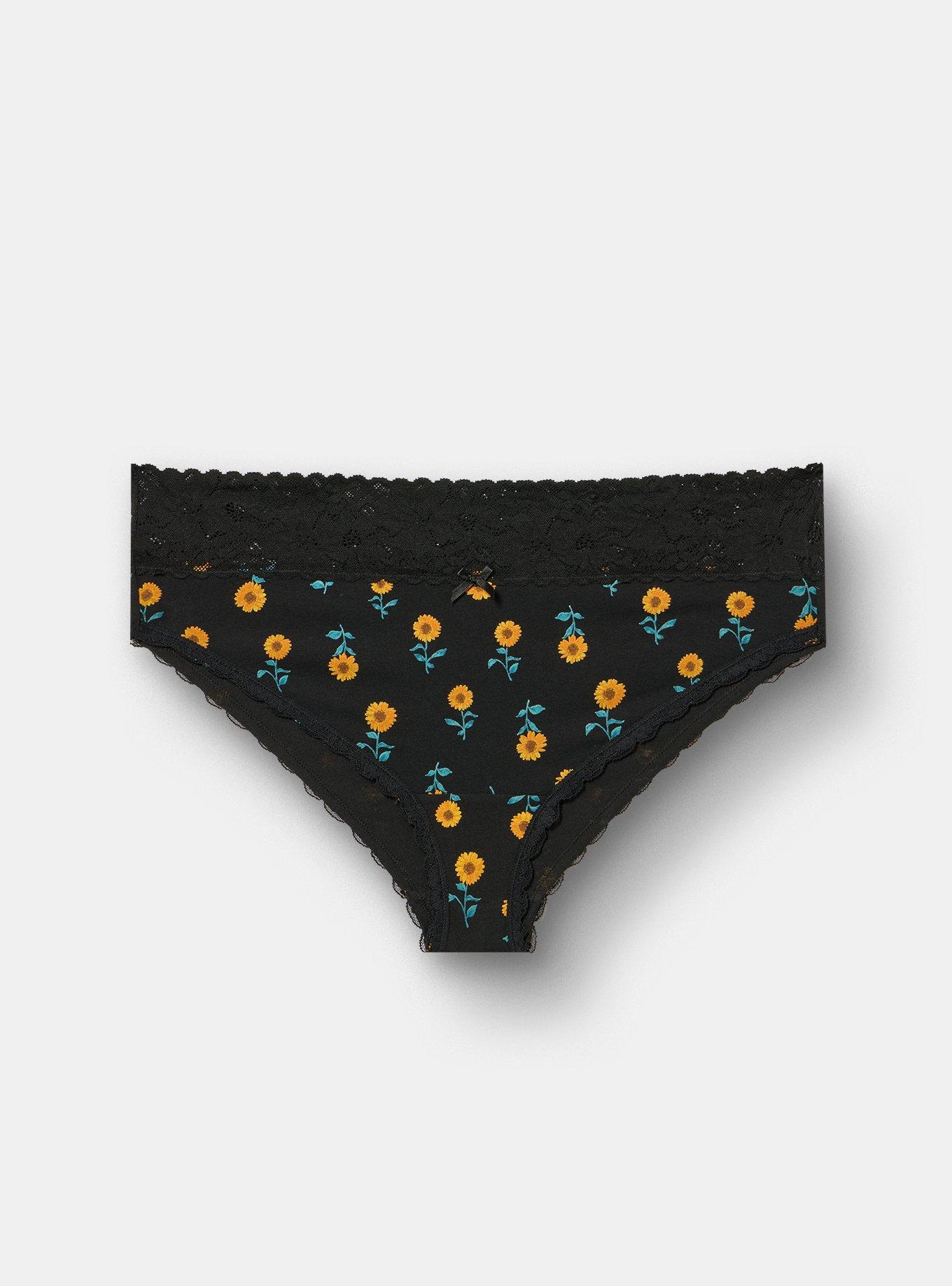 Plus Size Cotton Mid-Rise Lace Trim Cheeky Panty, STEM SUNFLOWERS FLORAL BLACK, hi-res