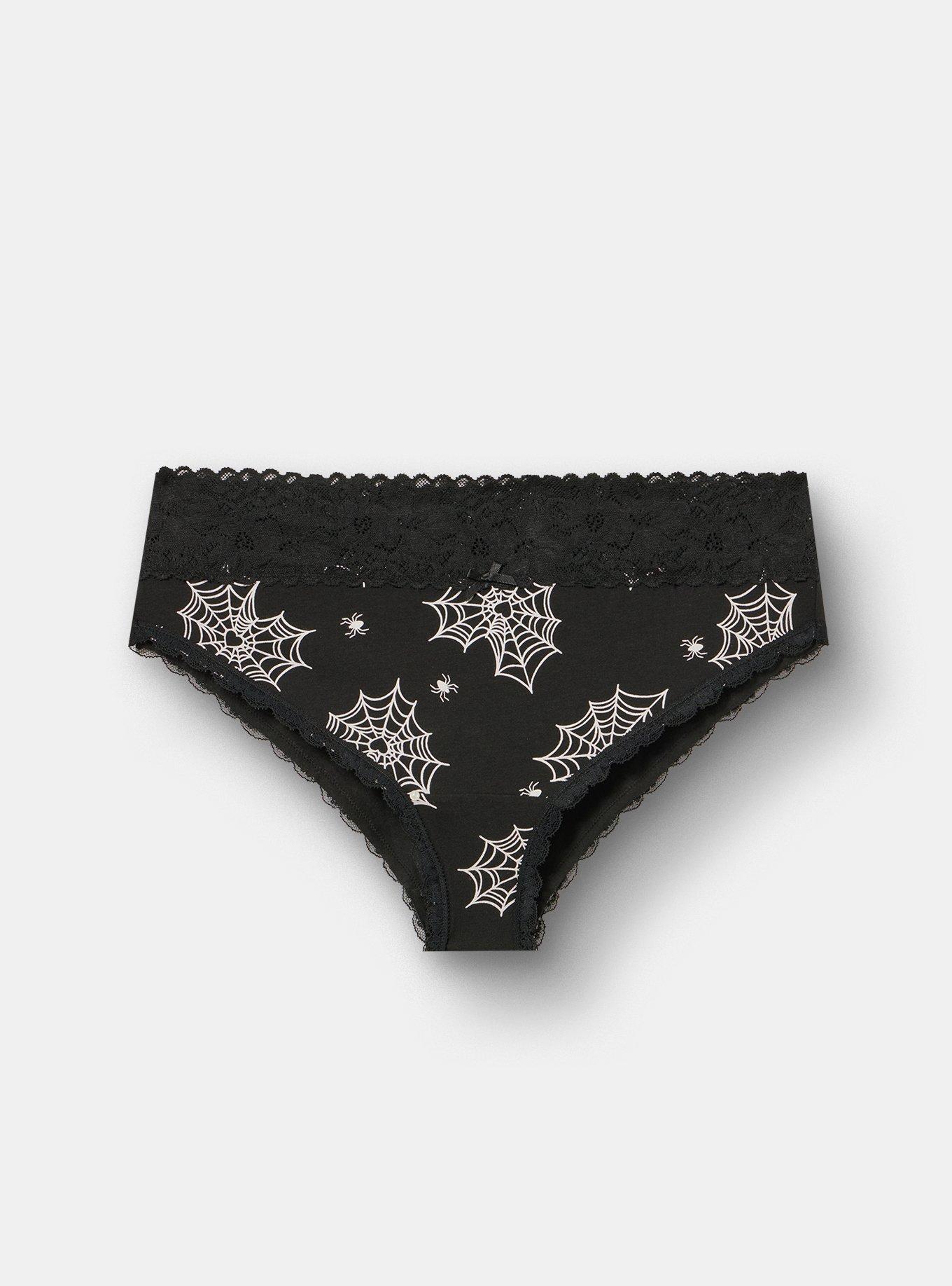 Cotton Mid-Rise Cheeky Lace Trim Panty, LOVE WEBS BLACK, hi-res