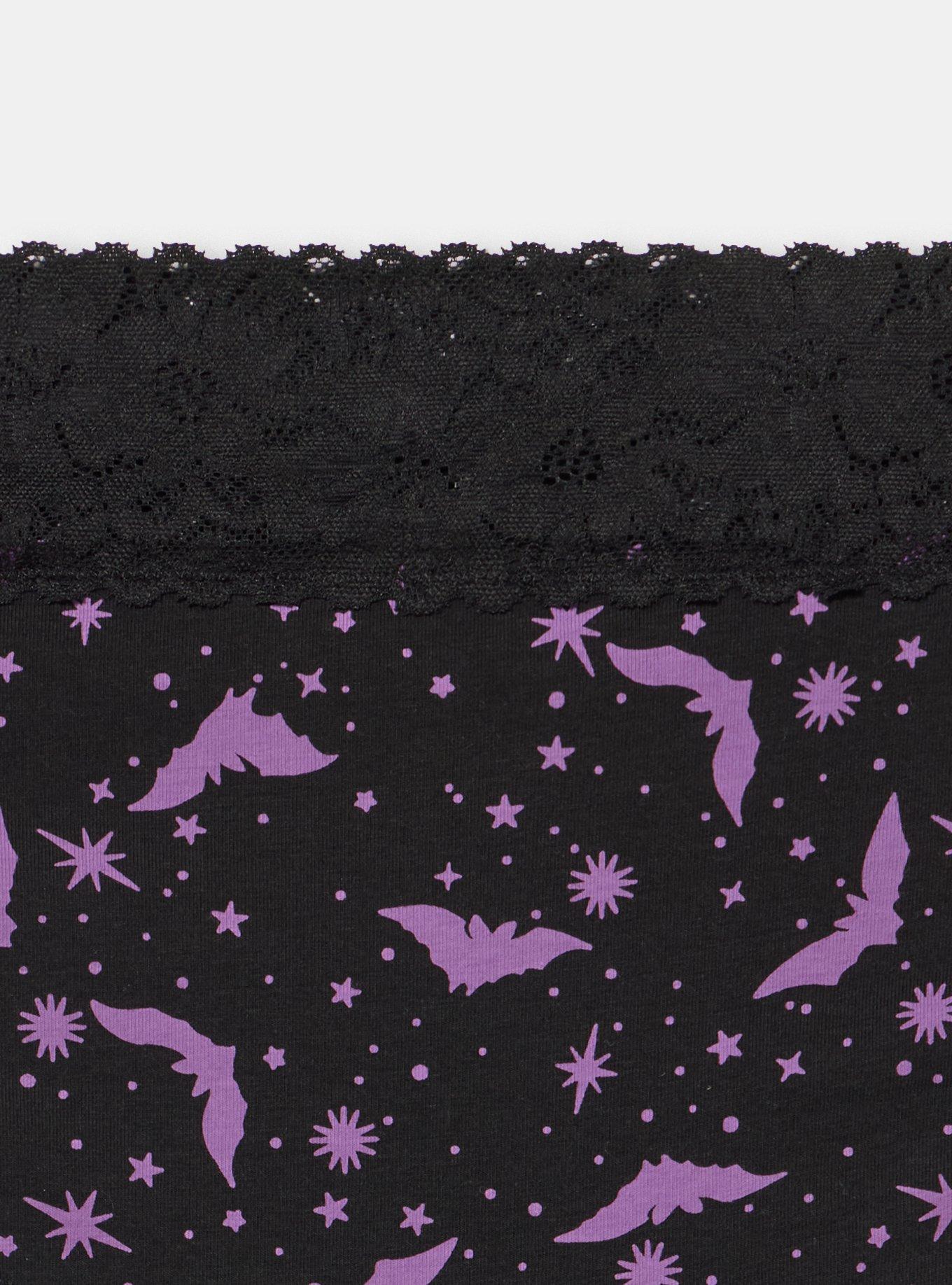 Cotton Mid-Rise Cheeky Lace Trim Panty, MOON BATS PURPLE RICH BLACK, alternate