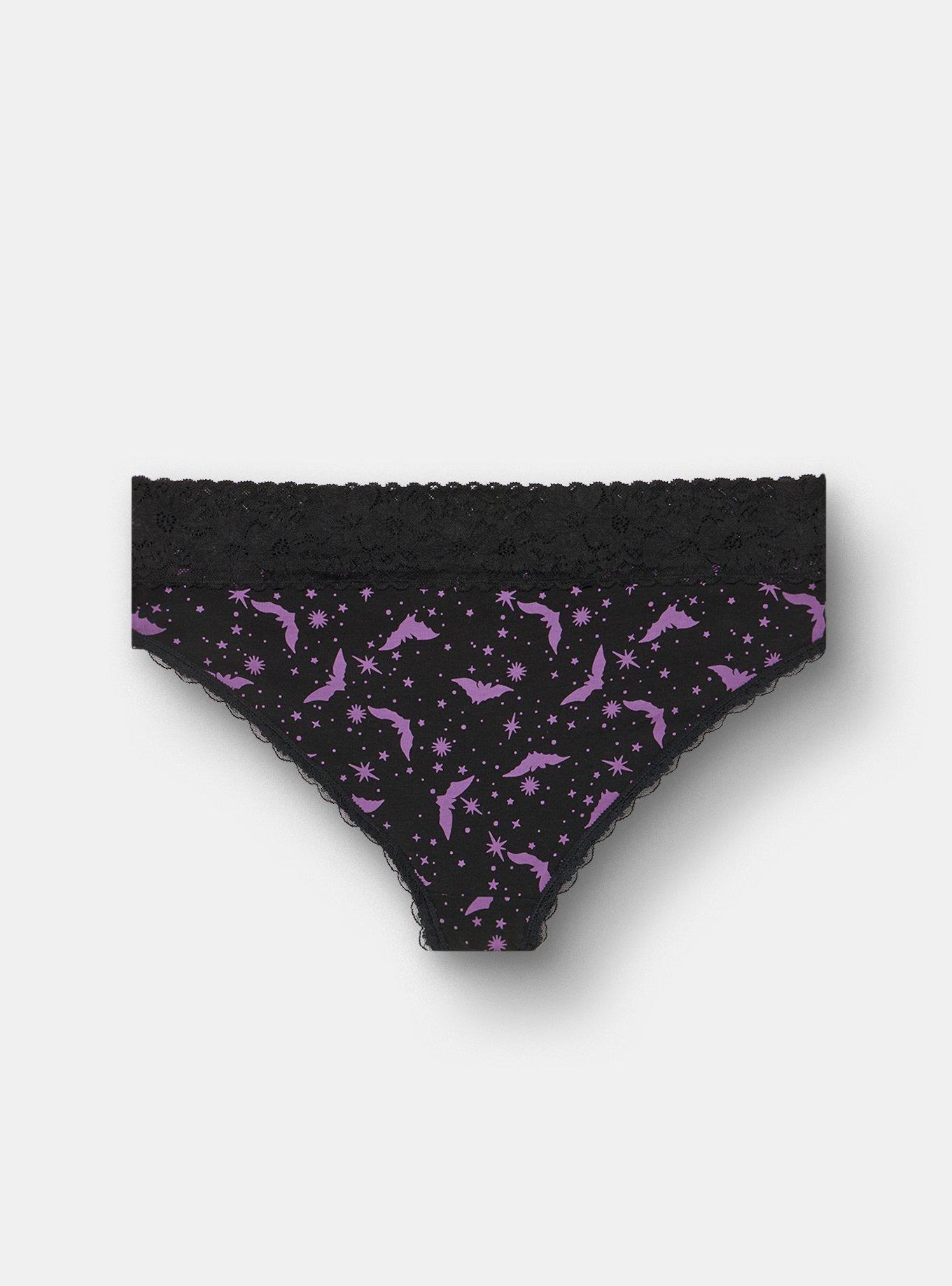 Cotton Mid-Rise Cheeky Lace Trim Panty, MOON BATS PURPLE RICH BLACK, alternate