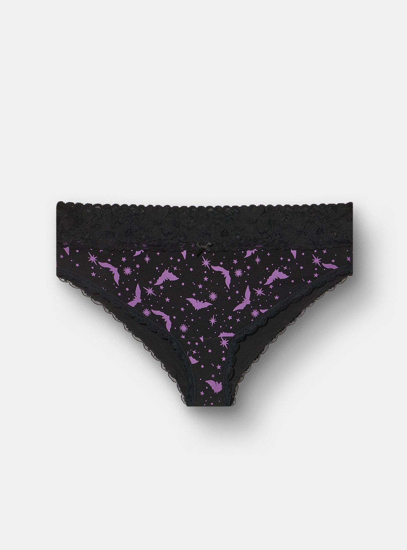 Cotton Mid-Rise Cheeky Lace Trim Panty, MOON BATS PURPLE RICH BLACK, hi-res