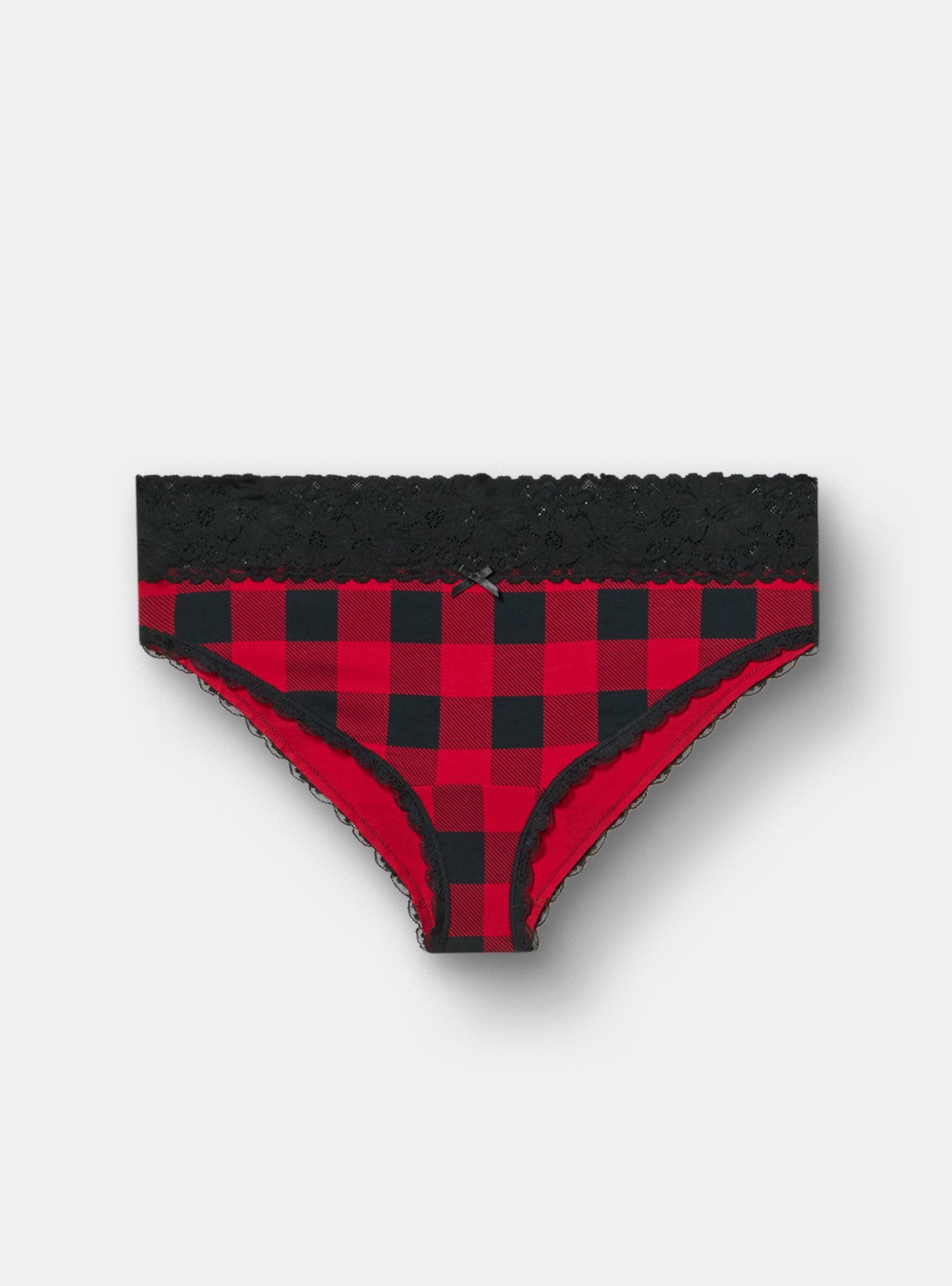 Cotton Mid-Rise Cheeky Lace Trim Panty, BUFFALO PLAID RED, hi-res