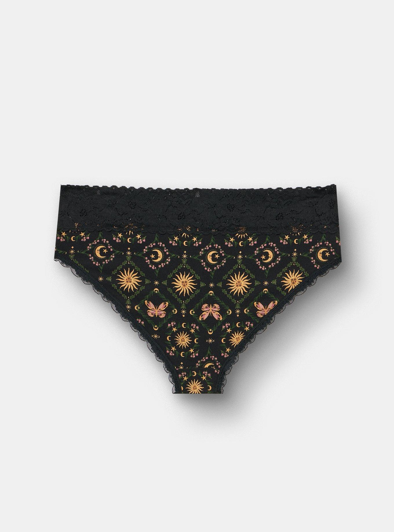 Plus Size Cotton Mid-Rise Cheeky Lace Trim Panty, STELLA CELESTIAL BLACK, alternate