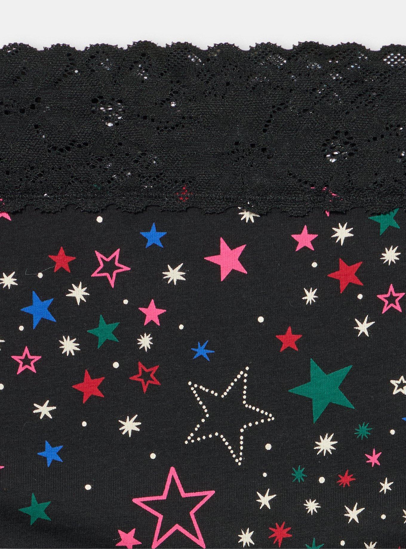 Plus Size Cotton Mid-Rise Cheeky Lace Trim Panty, MULTI STARS BLACK, alternate