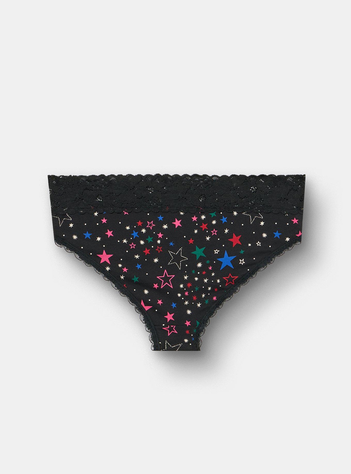 Plus Size Cotton Mid-Rise Cheeky Lace Trim Panty, MULTI STARS BLACK, alternate