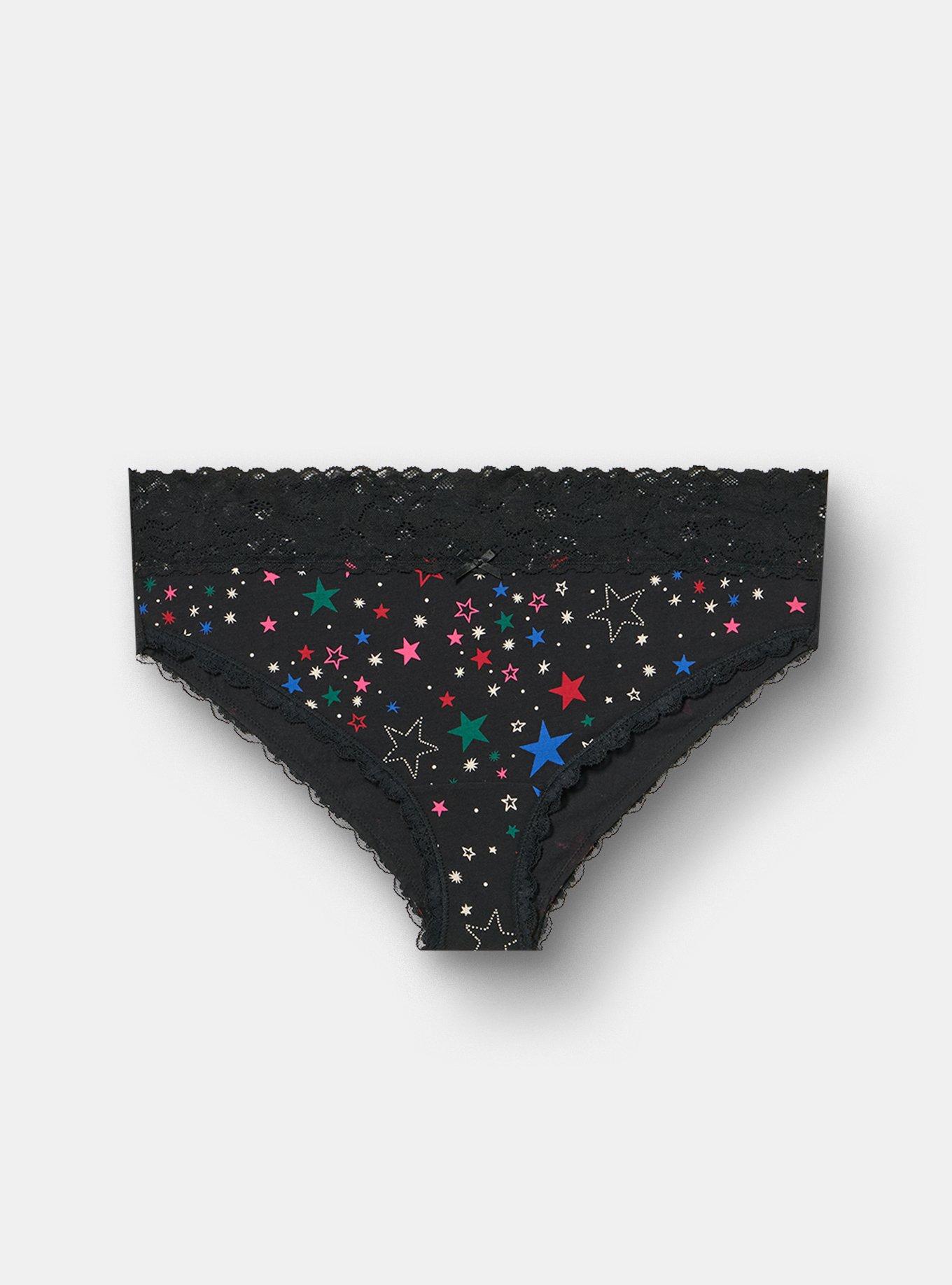 Plus Size Cotton Mid-Rise Cheeky Lace Trim Panty, MULTI STARS BLACK, hi-res