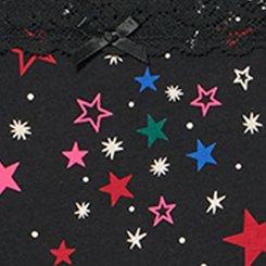Plus Size Cotton Mid-Rise Cheeky Lace Trim Panty, MULTI STARS BLACK, swatch