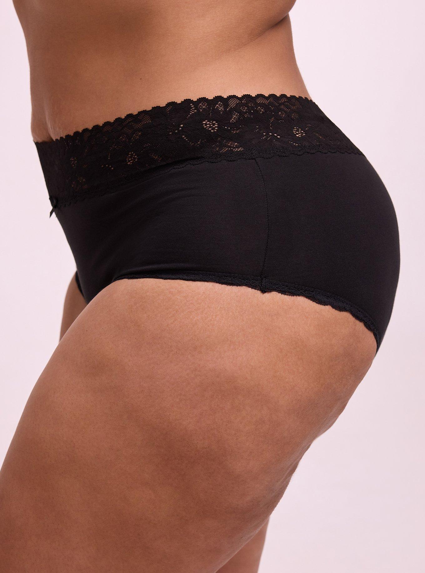 Plus Size Cotton Mid-Rise Lace Trim Brief Panty, RICH BLACK, alternate
