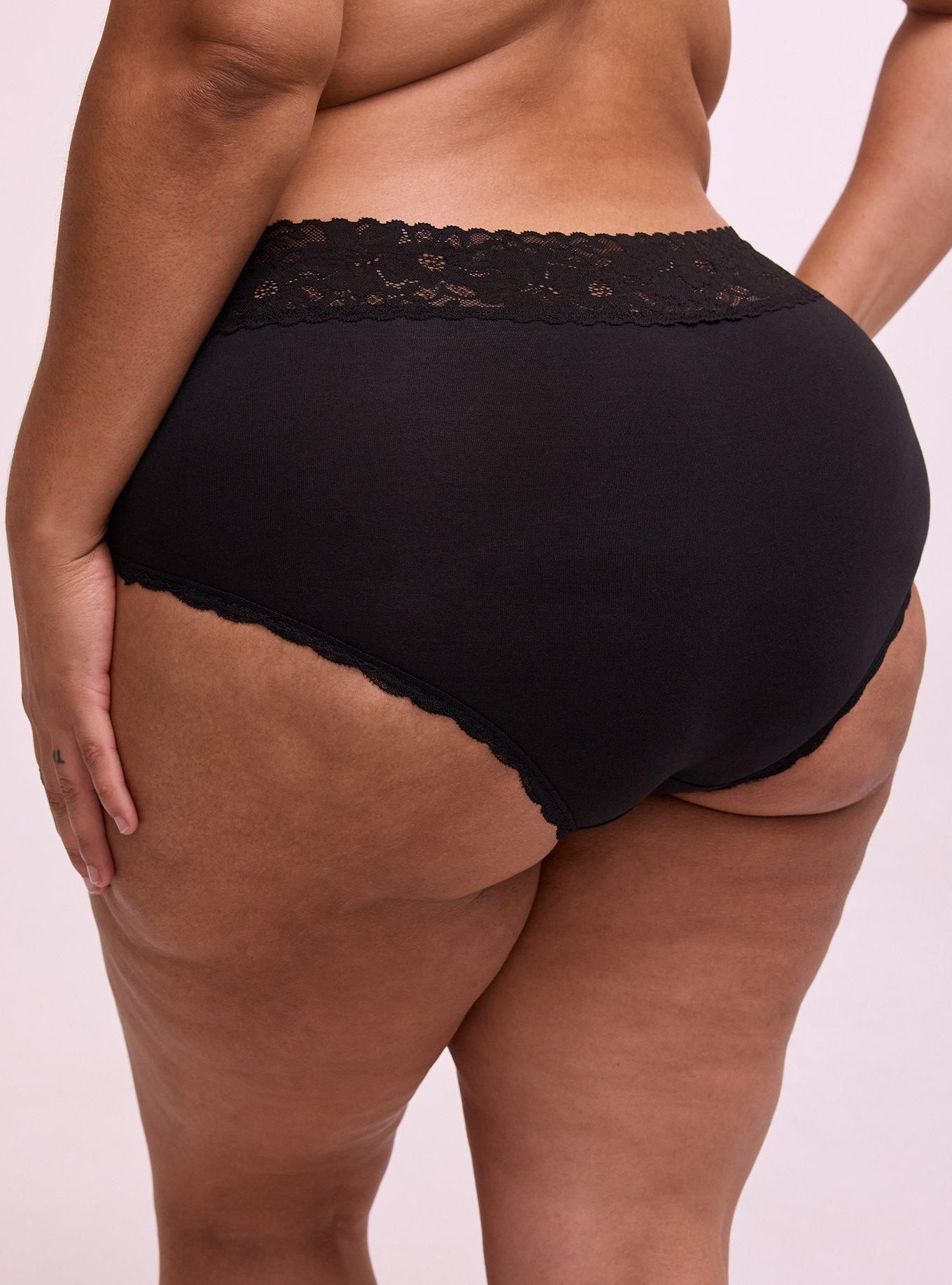 Plus Size Cotton Mid-Rise Lace Trim Brief Panty, RICH BLACK, alternate