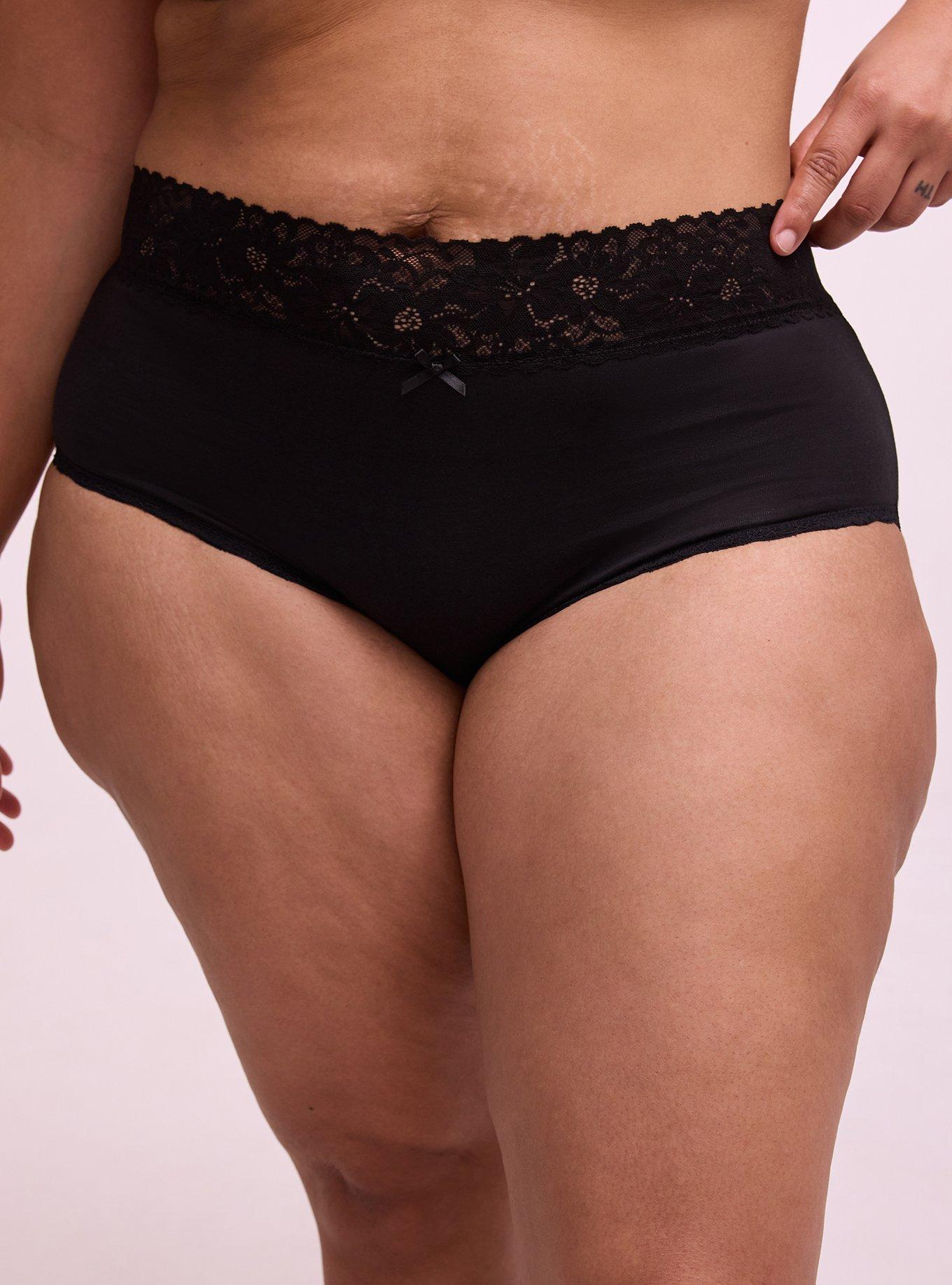 Plus Size Cotton Mid-Rise Lace Trim Brief Panty, RICH BLACK, hi-res
