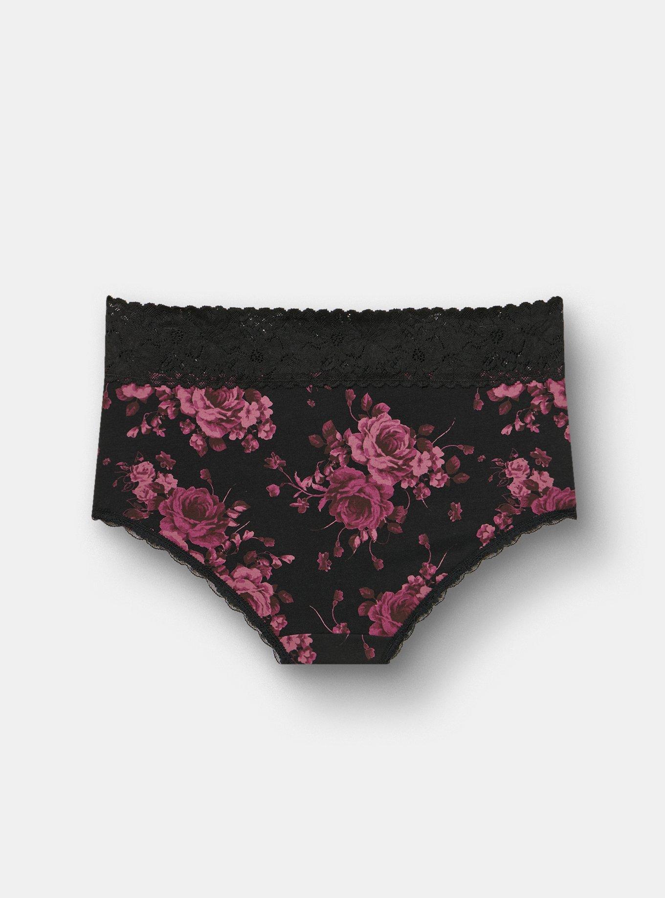 Cotton Mid-Rise Lace Trim Brief Panty, SEASONAL ROSES FLORAL BLACK, alternate