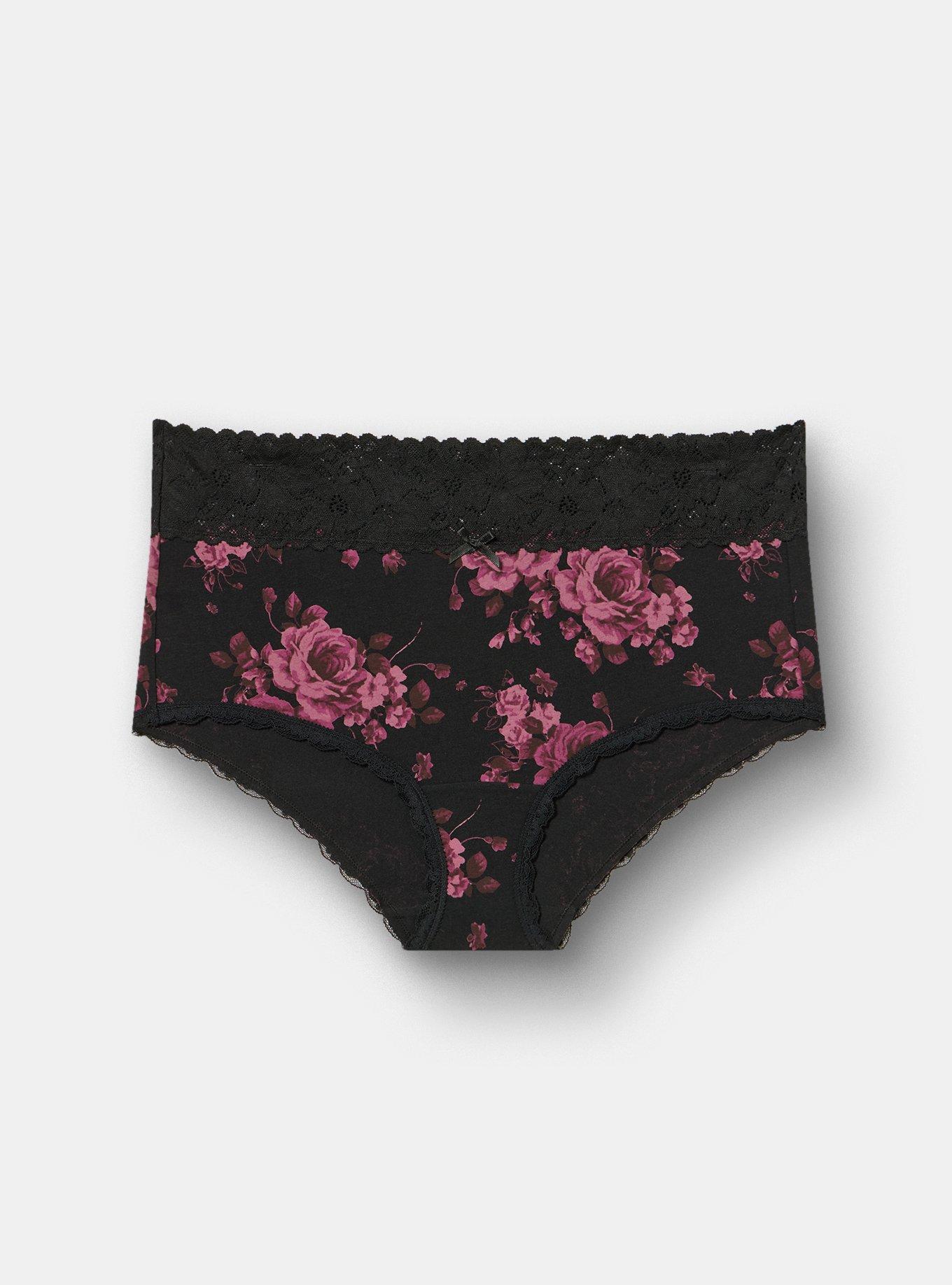 Cotton Mid-Rise Lace Trim Brief Panty, SEASONAL ROSES FLORAL BLACK, hi-res