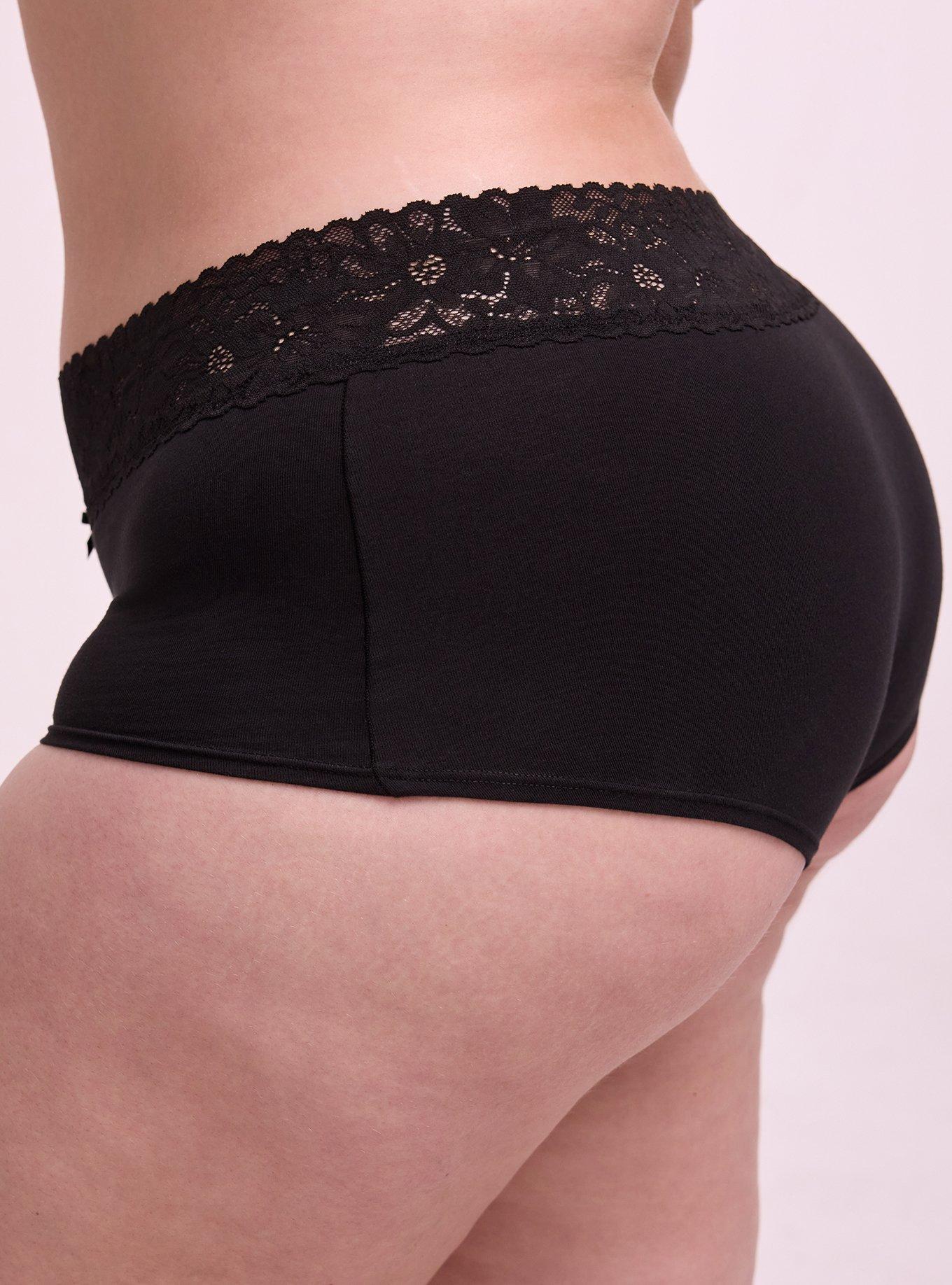 Cotton Mid-Rise Lace Trim Boyshort Panty, RICH BLACK, alternate