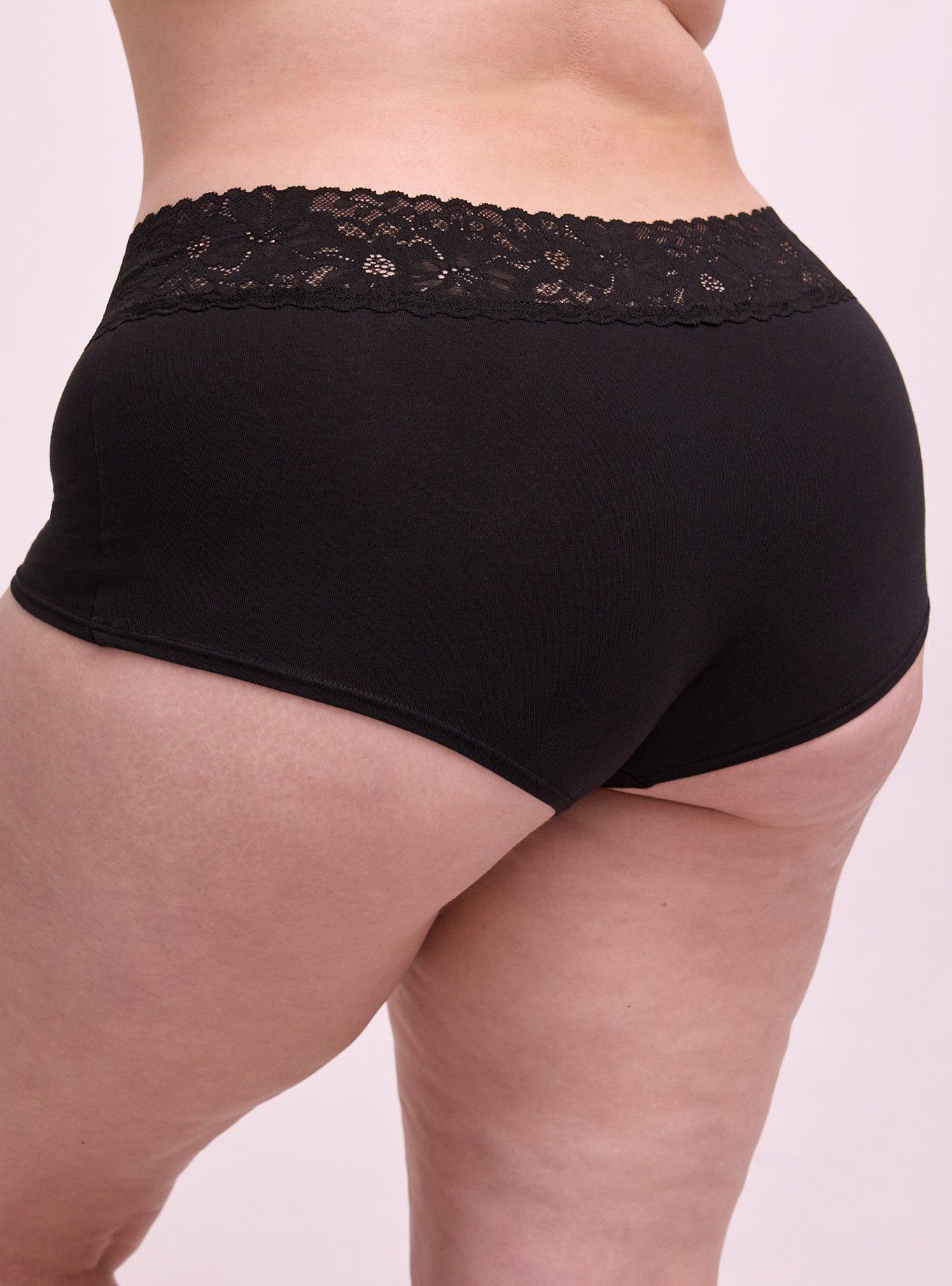 Cotton Mid-Rise Lace Trim Boyshort Panty, RICH BLACK, alternate