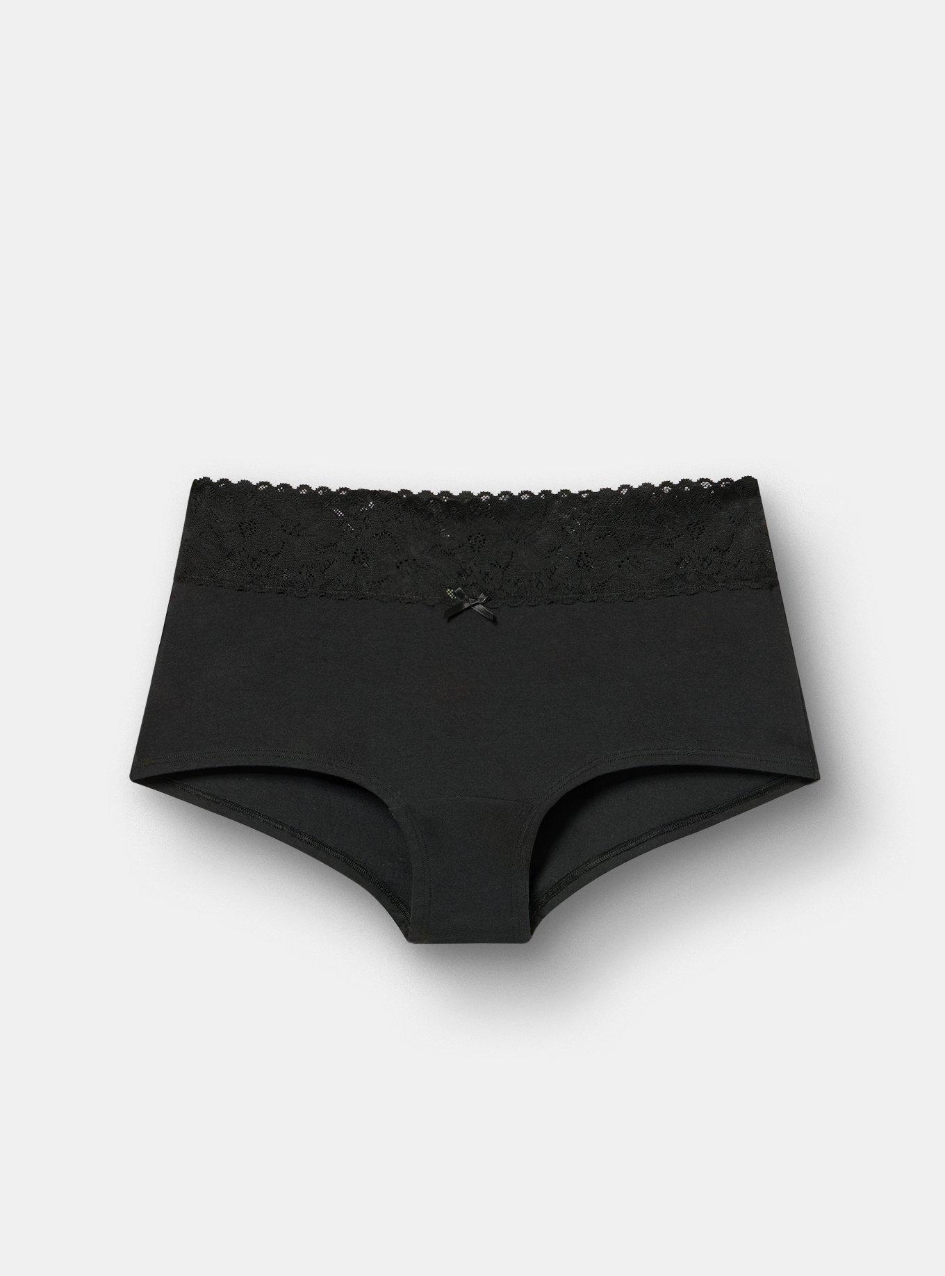 Cotton Mid-Rise Lace Trim Boyshort Panty, RICH BLACK, flat