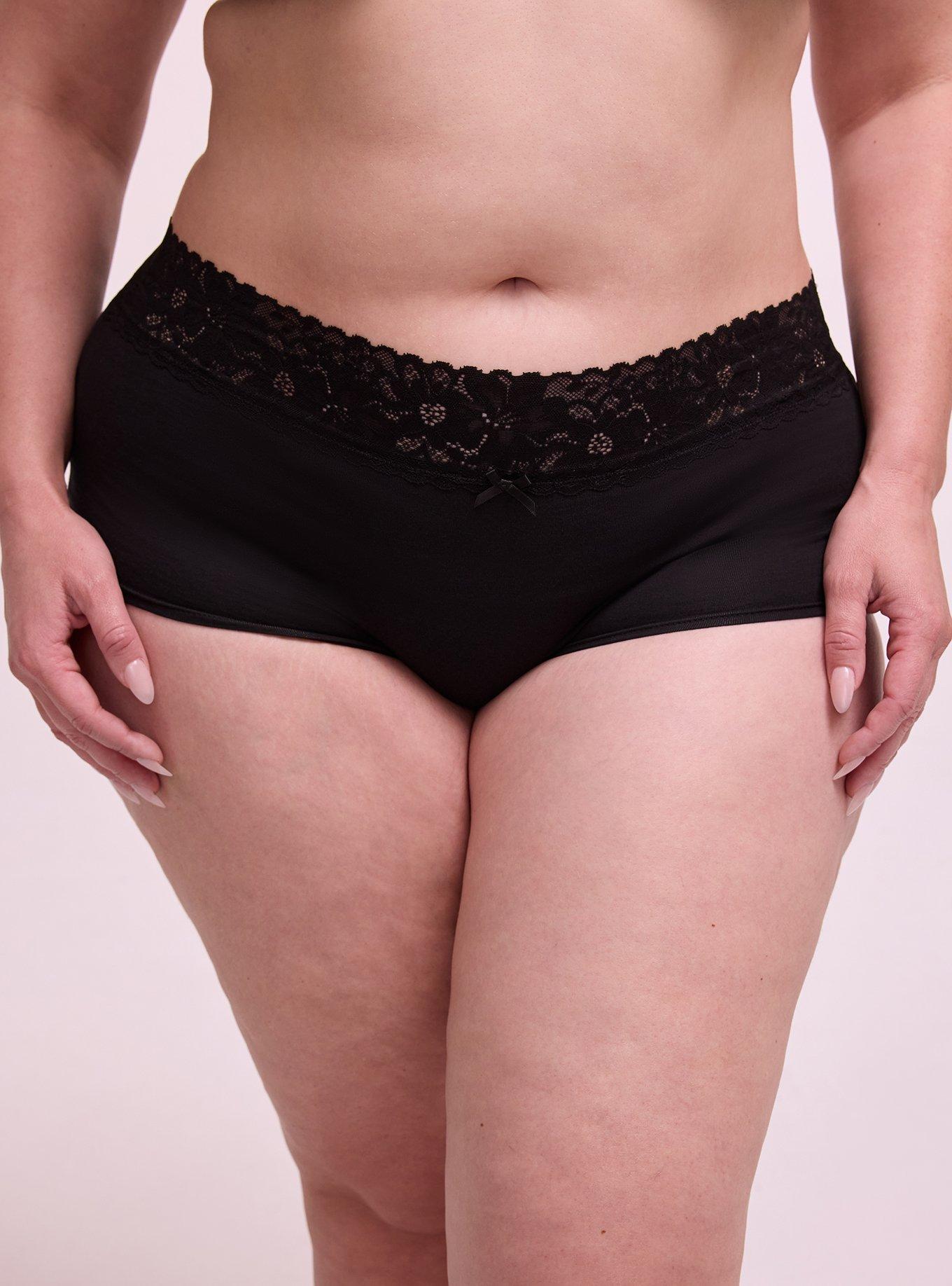 Cotton Mid-Rise Lace Trim Boyshort Panty, RICH BLACK, hi-res