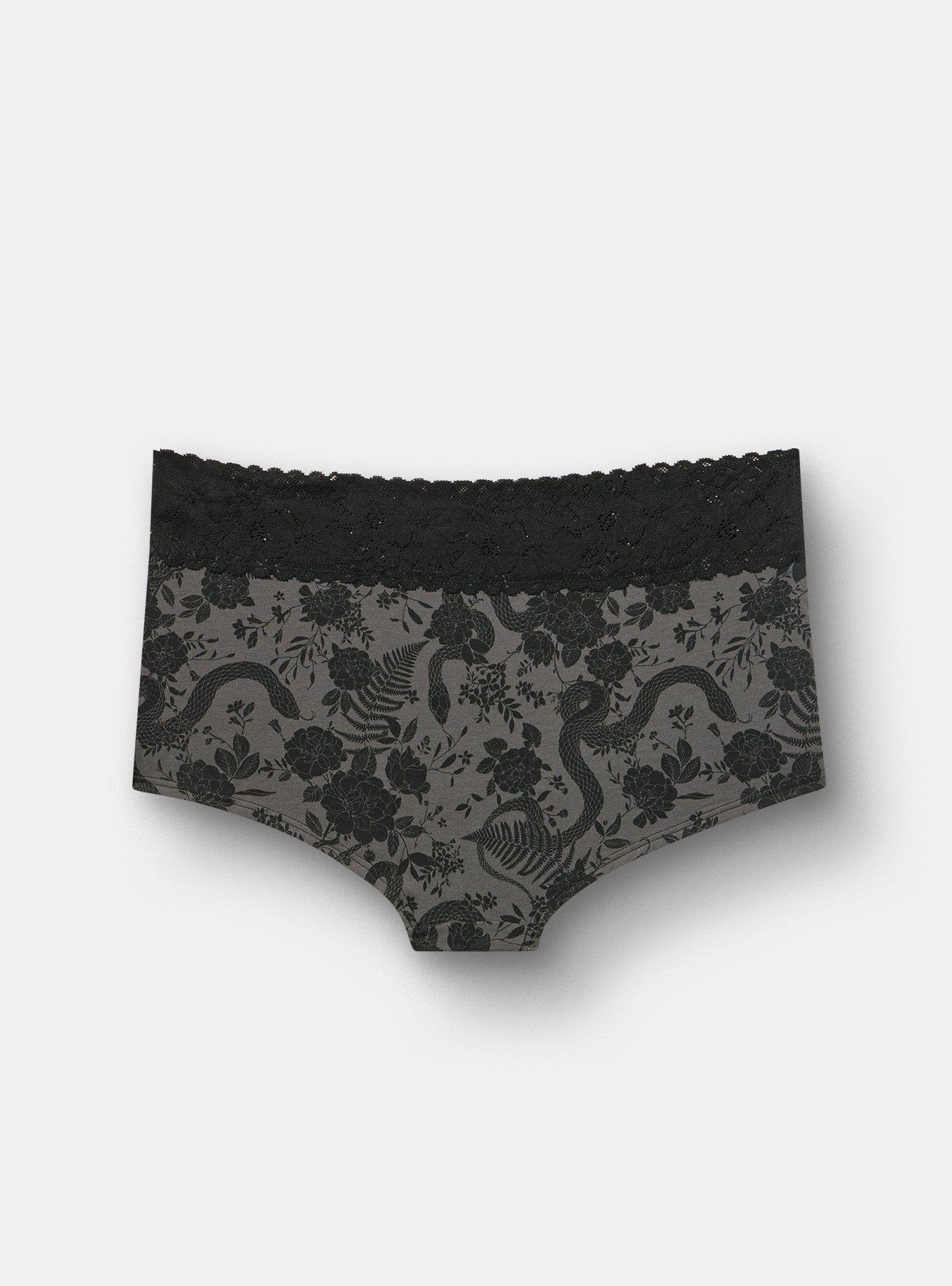 Cotton Mid-Rise Lace Trim Boyshort Panty, SNAKE FLORAL GREY, alternate