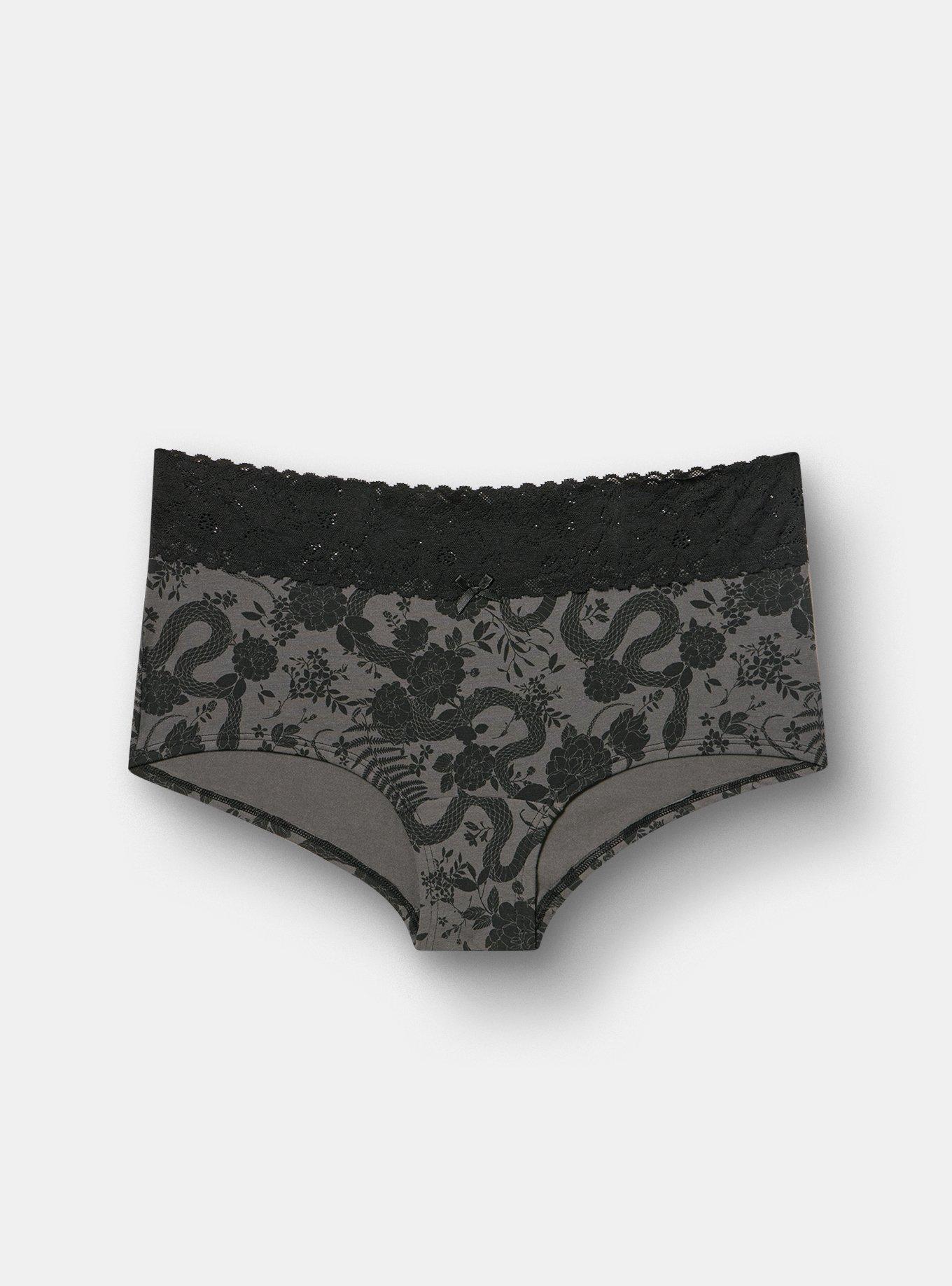 Cotton Mid-Rise Lace Trim Boyshort Panty, SNAKE FLORAL GREY, hi-res