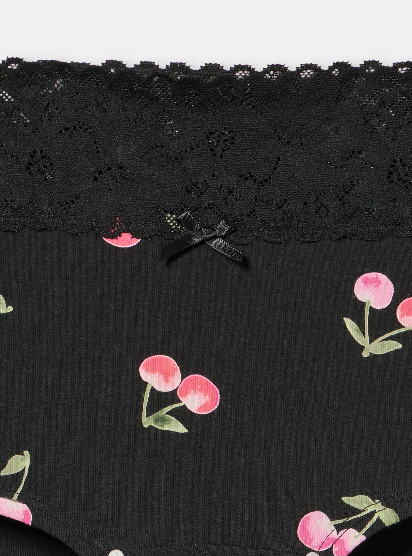 Plus Size Cotton Mid-Rise Lace Trim Boyshort Panty, CHERRY CHERRY LADY BLACK, alternate