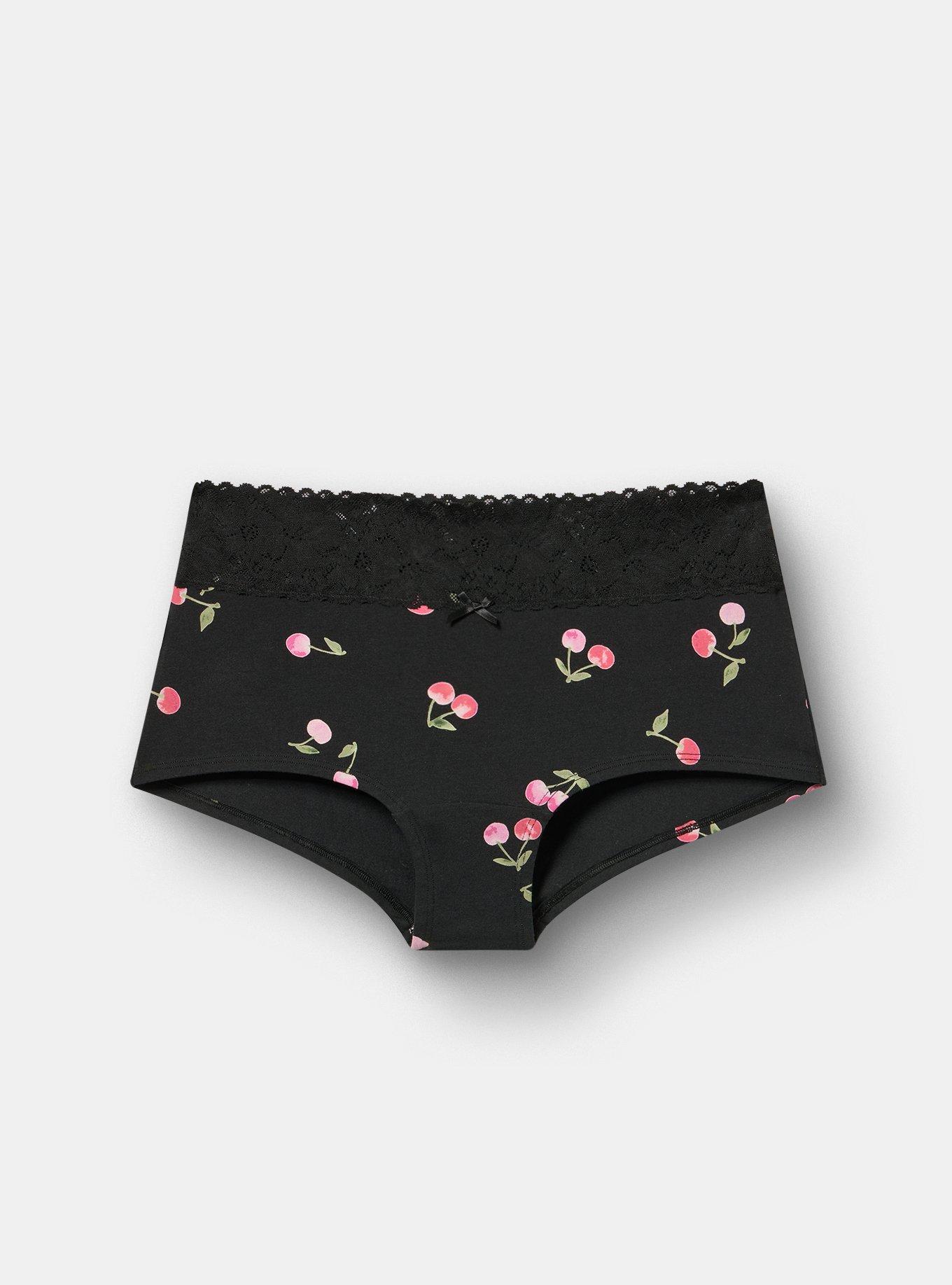 Plus Size Cotton Mid-Rise Lace Trim Boyshort Panty, CHERRY CHERRY LADY BLACK, hi-res