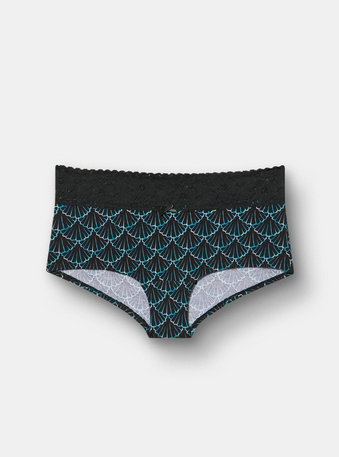 Plus Size Cotton Mid-Rise Lace Trim Boyshort Panty, SHELL SCALES BLUE, hi-res