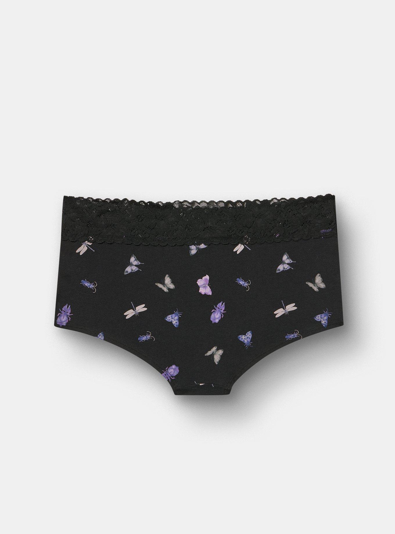Cotton Mid-Rise Lace Trim Boyshort Panty, LITTLE INSECTS BLACK, alternate