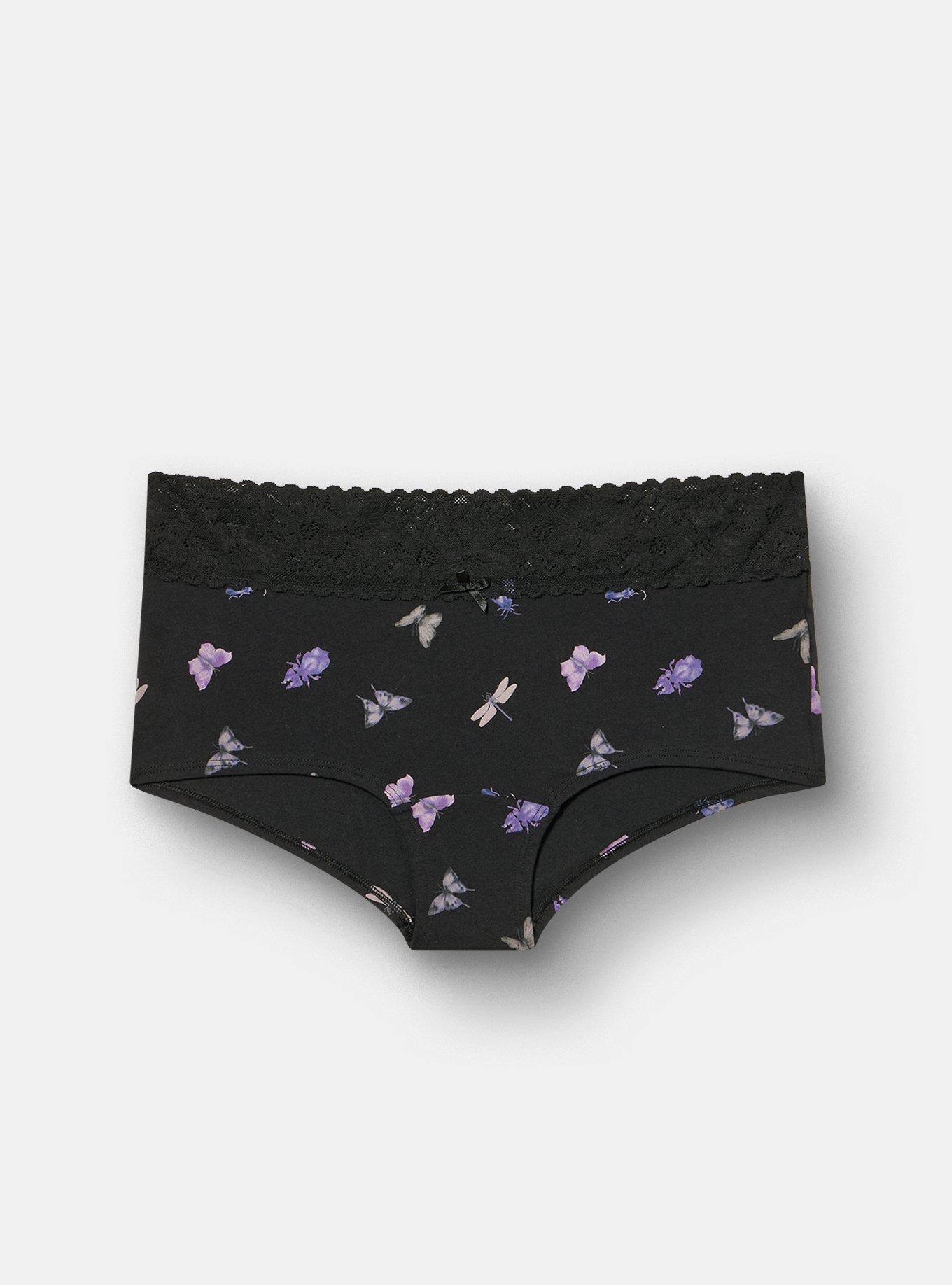 Cotton Mid-Rise Lace Trim Boyshort Panty, LITTLE INSECTS BLACK, hi-res