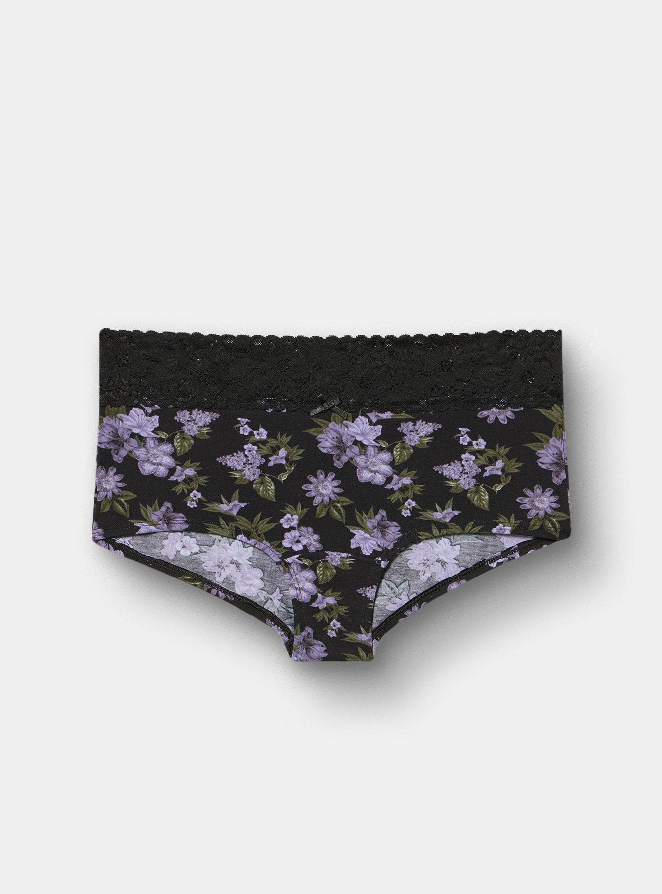 Cotton Mid-Rise Lace Trim Boyshort Panty, ENCHANTED GARDEN PURPLE, hi-res