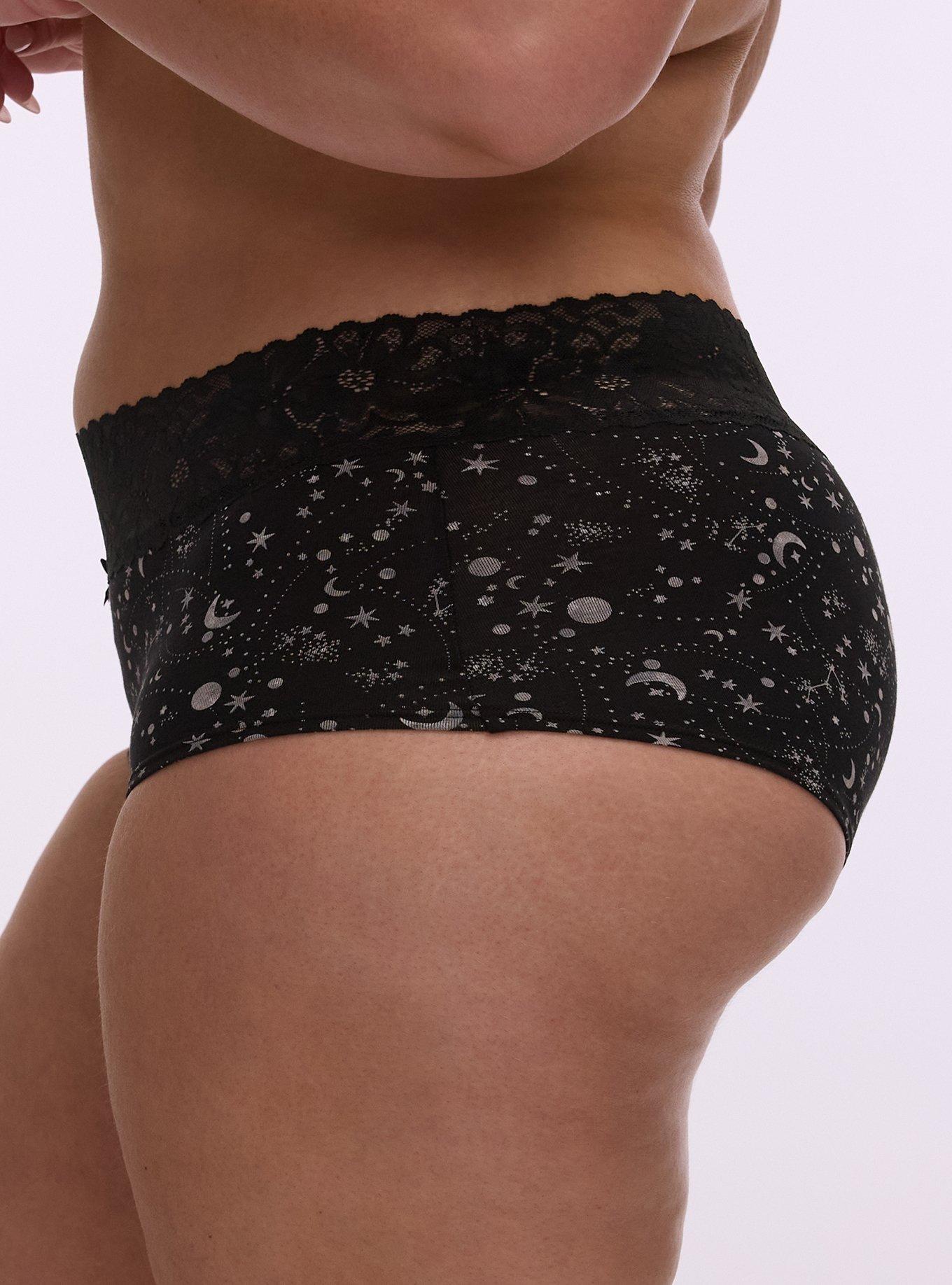Cotton Mid-Rise Lace Trim Boyshort Panty, CELESTIAL GLOW RICH BLACK, alternate