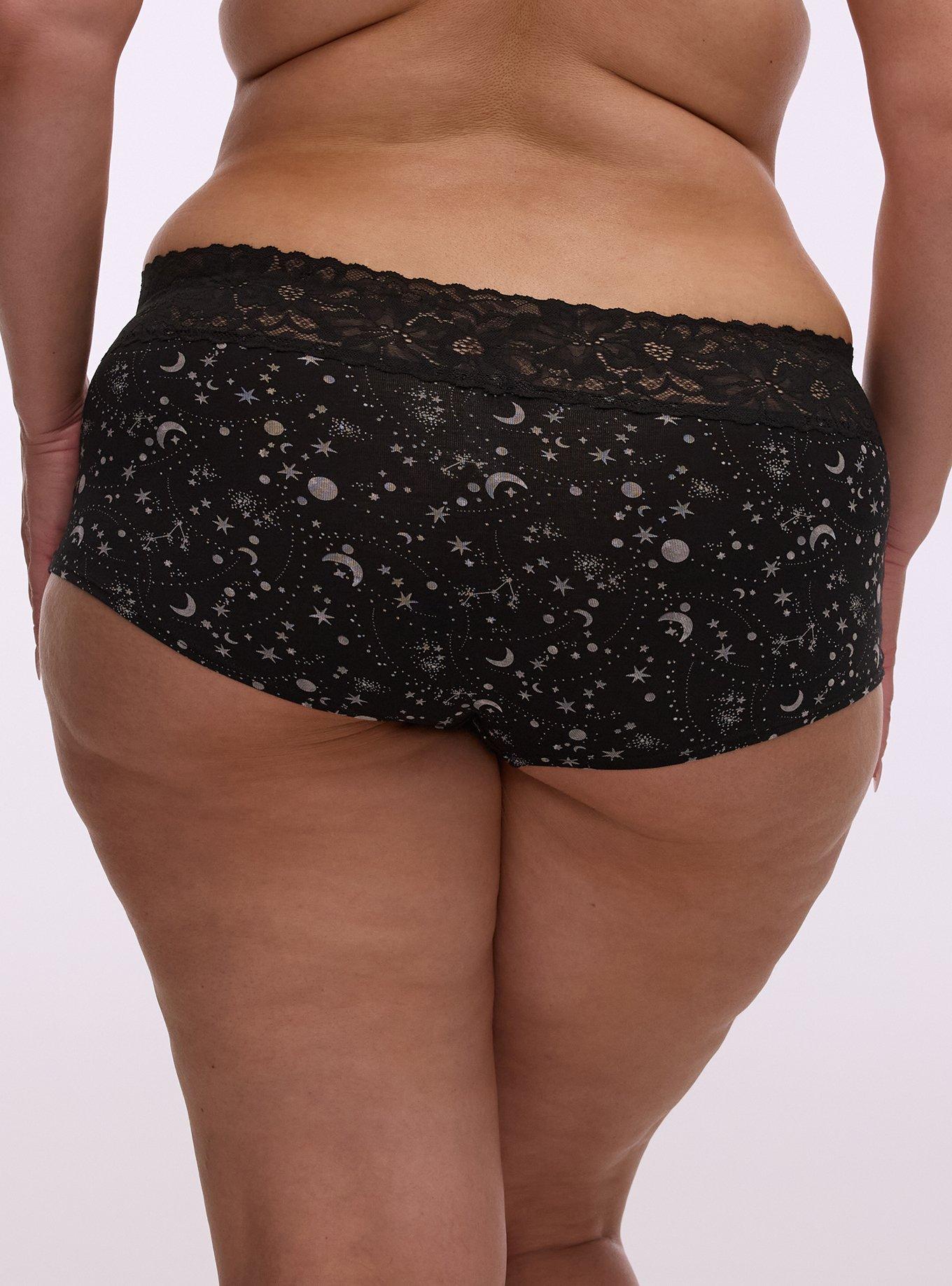 Cotton Mid-Rise Lace Trim Boyshort Panty, CELESTIAL GLOW RICH BLACK, alternate