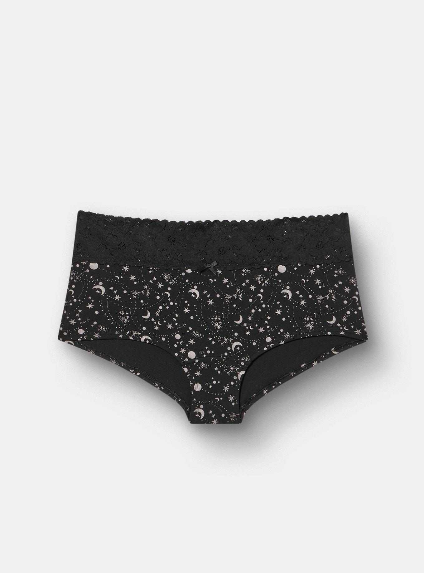 Plus Size Cotton Mid-Rise Lace Trim Boyshort Panty, CELESTIAL GLOW RICH BLACK, hi-res