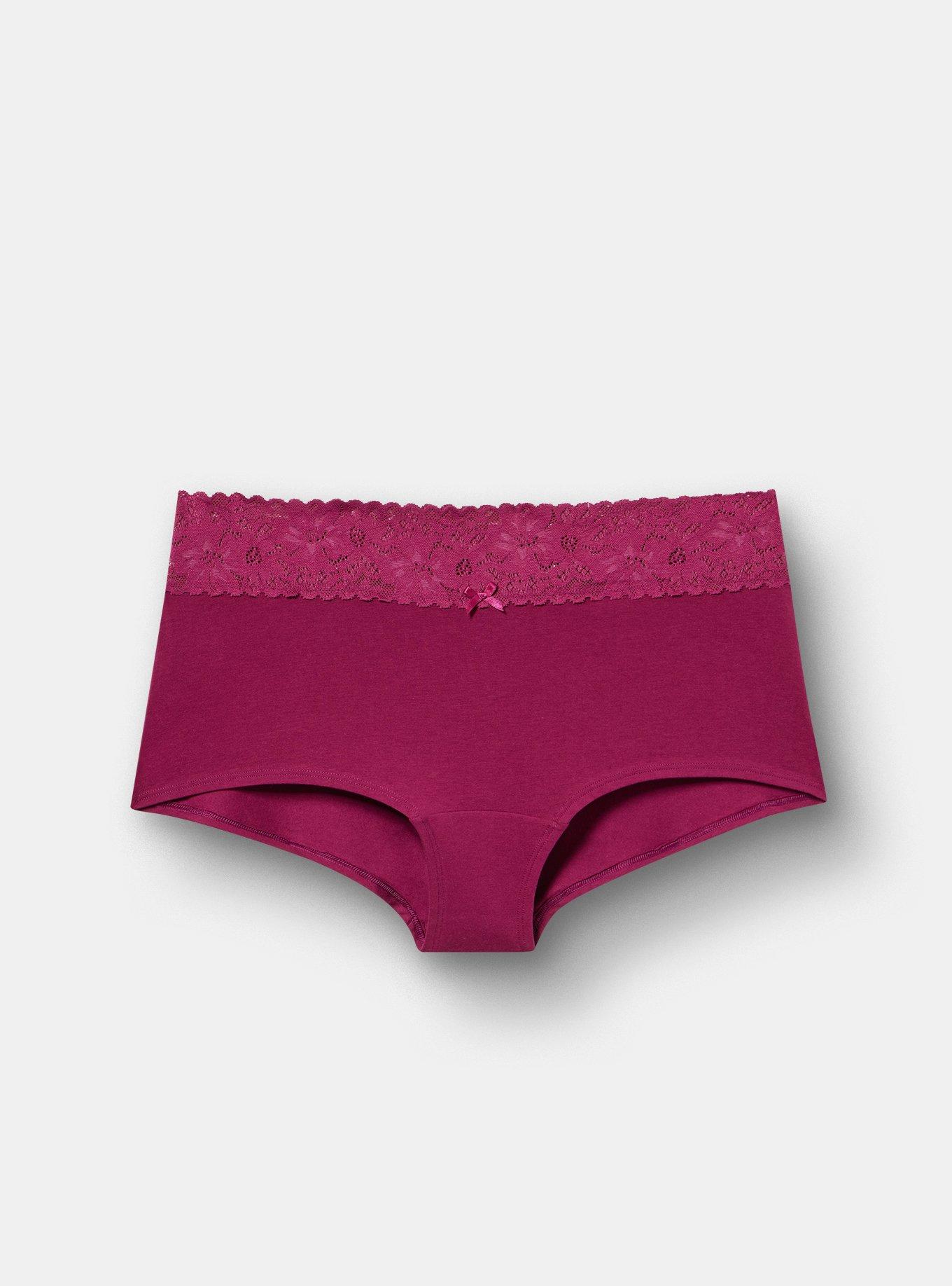 Plus Size Cotton Mid-Rise Lace Trim Boyshort Panty, PURPLE POTION, hi-res