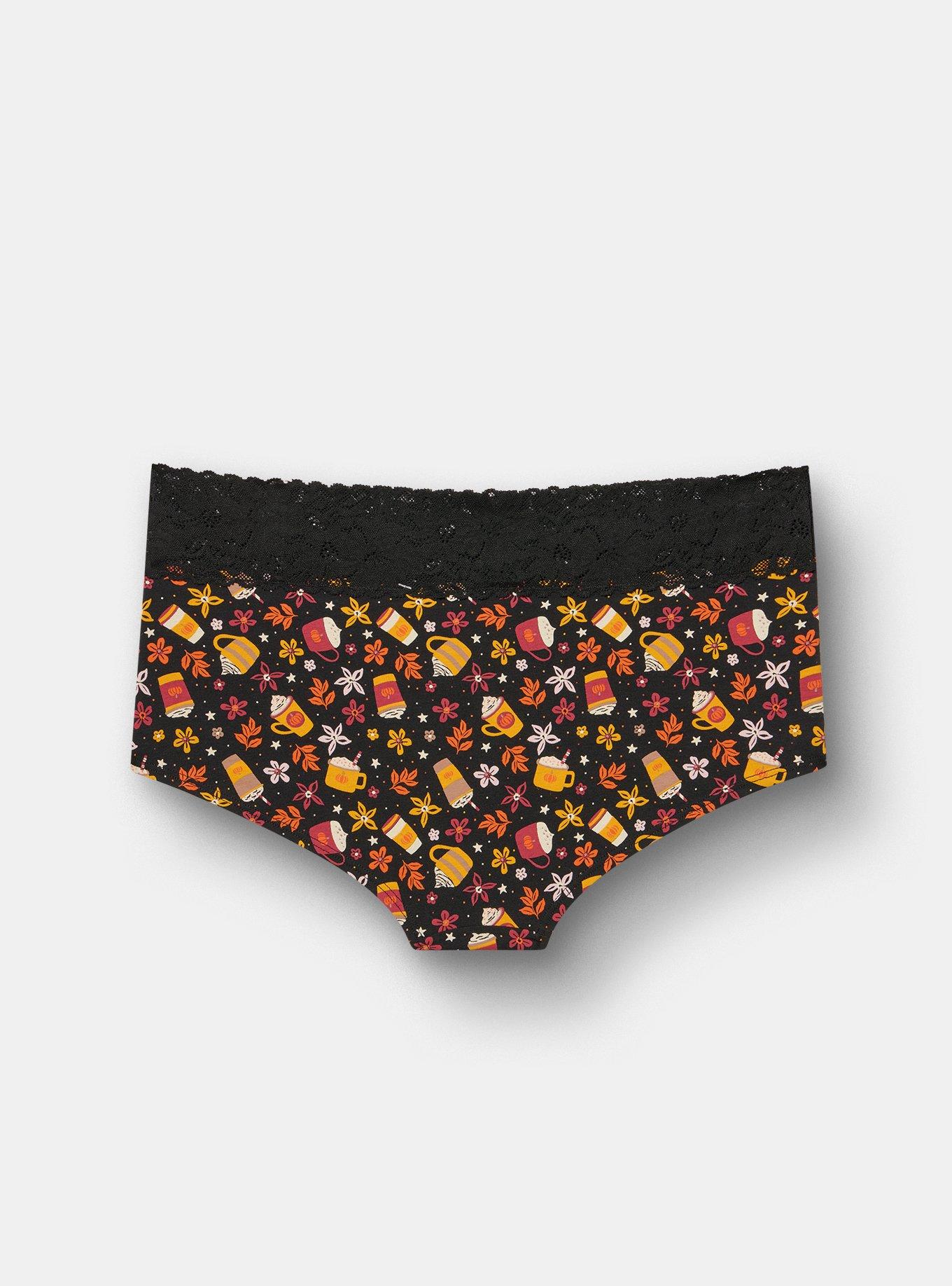 Plus Size Cotton Mid-Rise Lace Trim Boyshort Panty, FALL DRINKS BLACK, alternate
