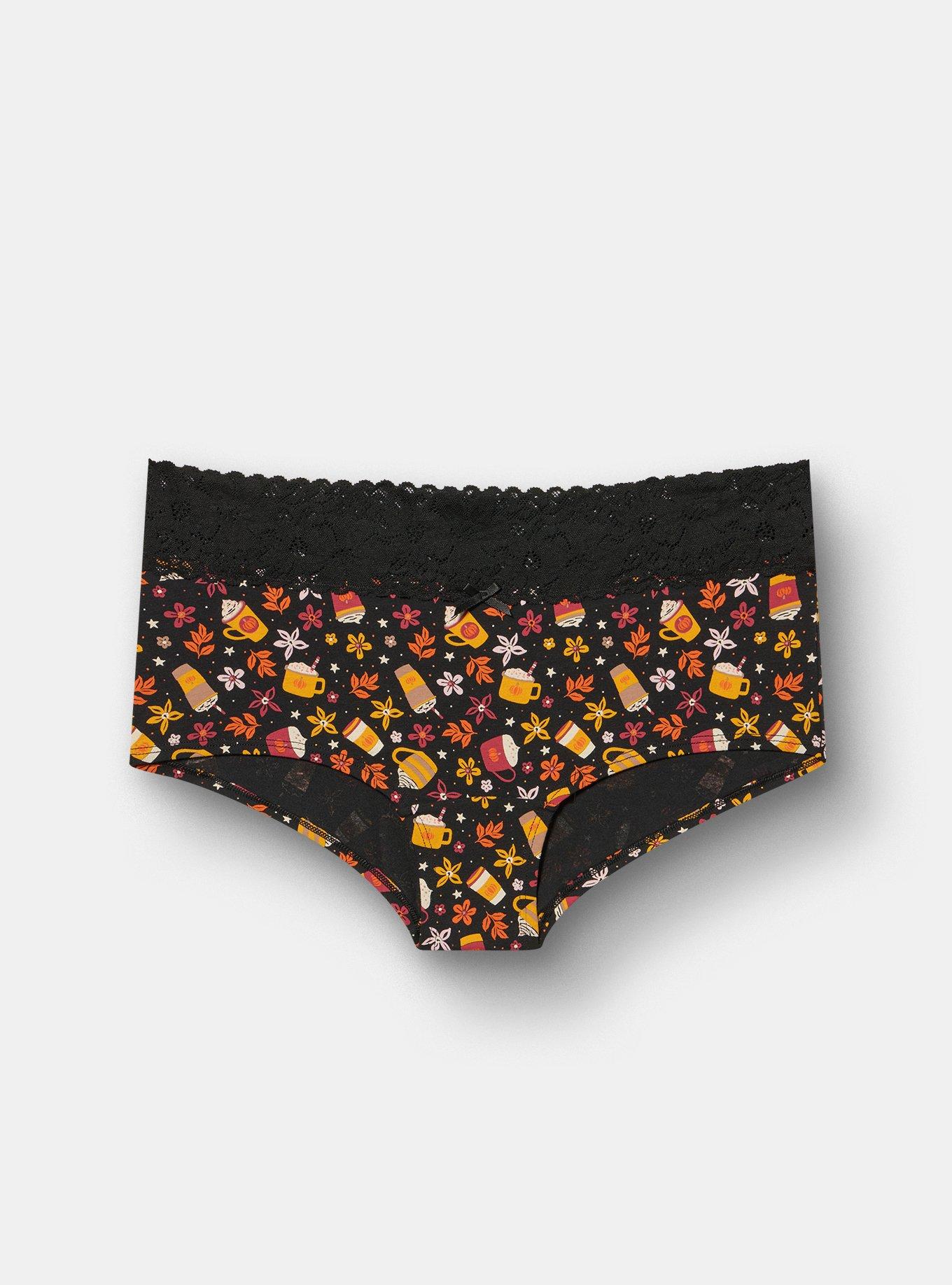 Plus Size Cotton Mid-Rise Lace Trim Boyshort Panty, FALL DRINKS BLACK, hi-res